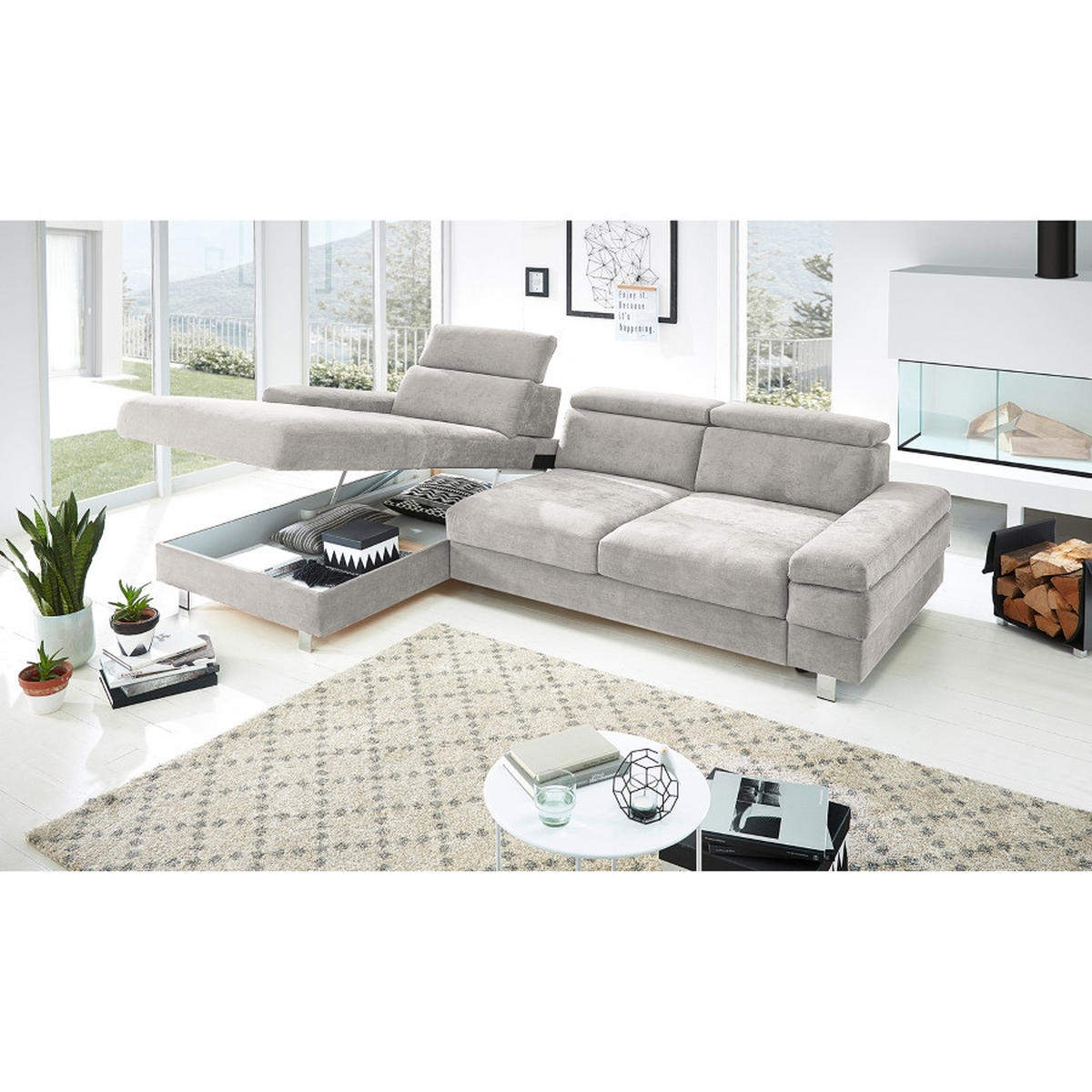 ECKSOFA in Webstoff Silberfarben  - Silberfarben, Konventionell, Textil/Metall (260/82/182cm) - Trendmanufaktur