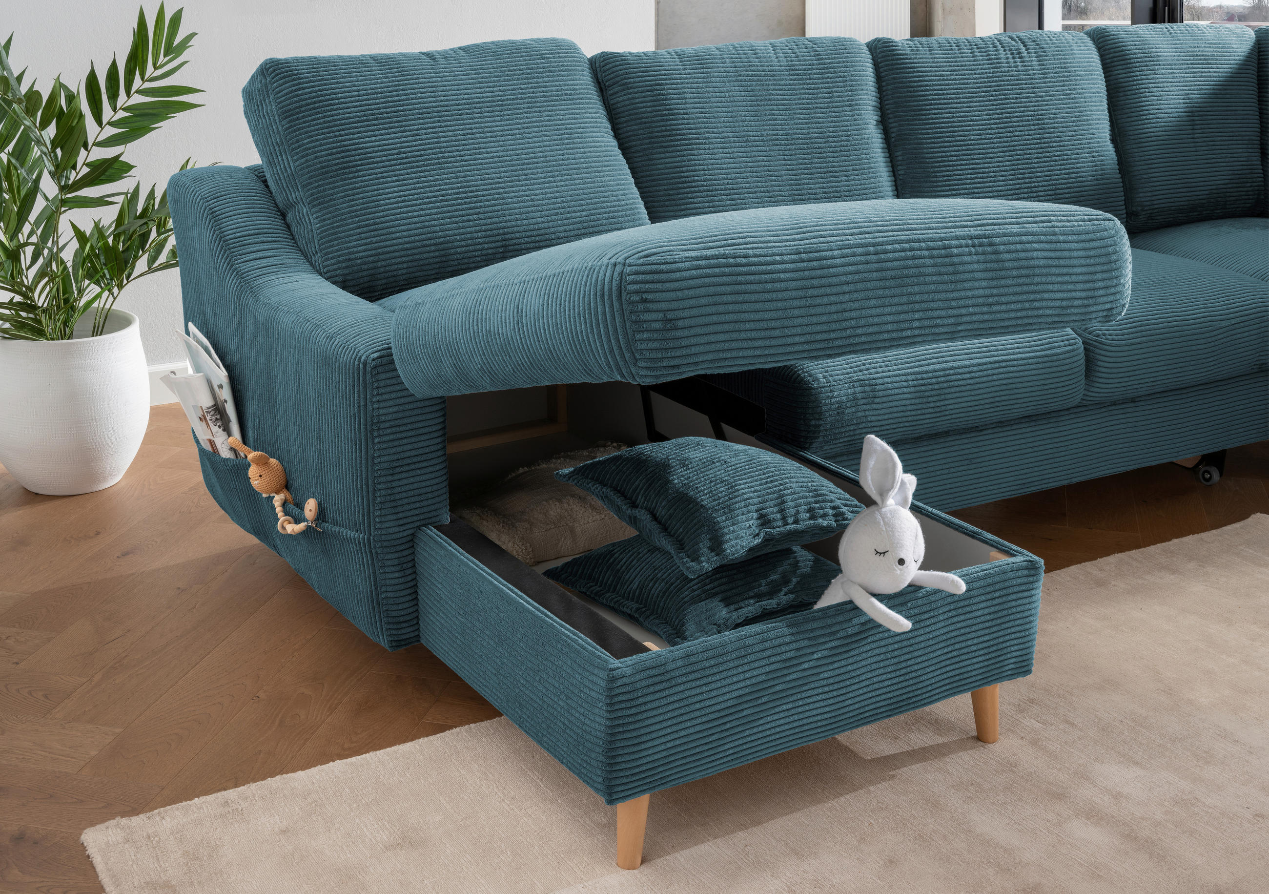 WOHNLANDSCHAFT in Cord Petrol  - Petrol/Naturfarben, KONVENTIONELL, Holz/Textil (150/301/200cm) - P & B