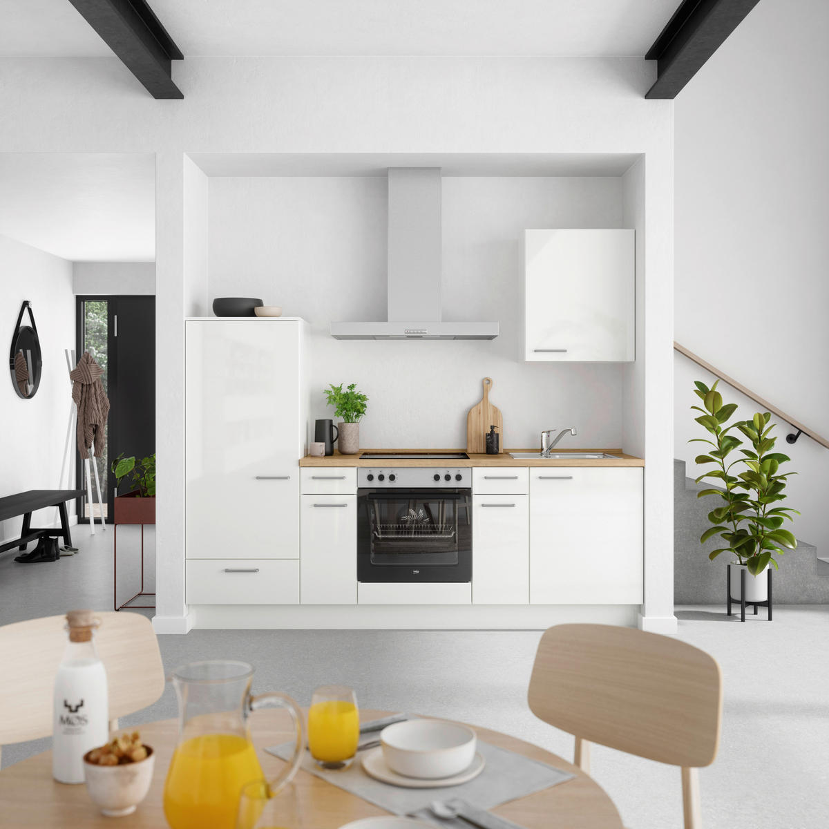 KÜCHENLEERBLOCK 240 cm   in Eichefarben, Weiß Hochglanz  - Edelstahlfarben/Eichefarben, MODERN, Holzwerkstoff/Metall (240cm) - Nobilia