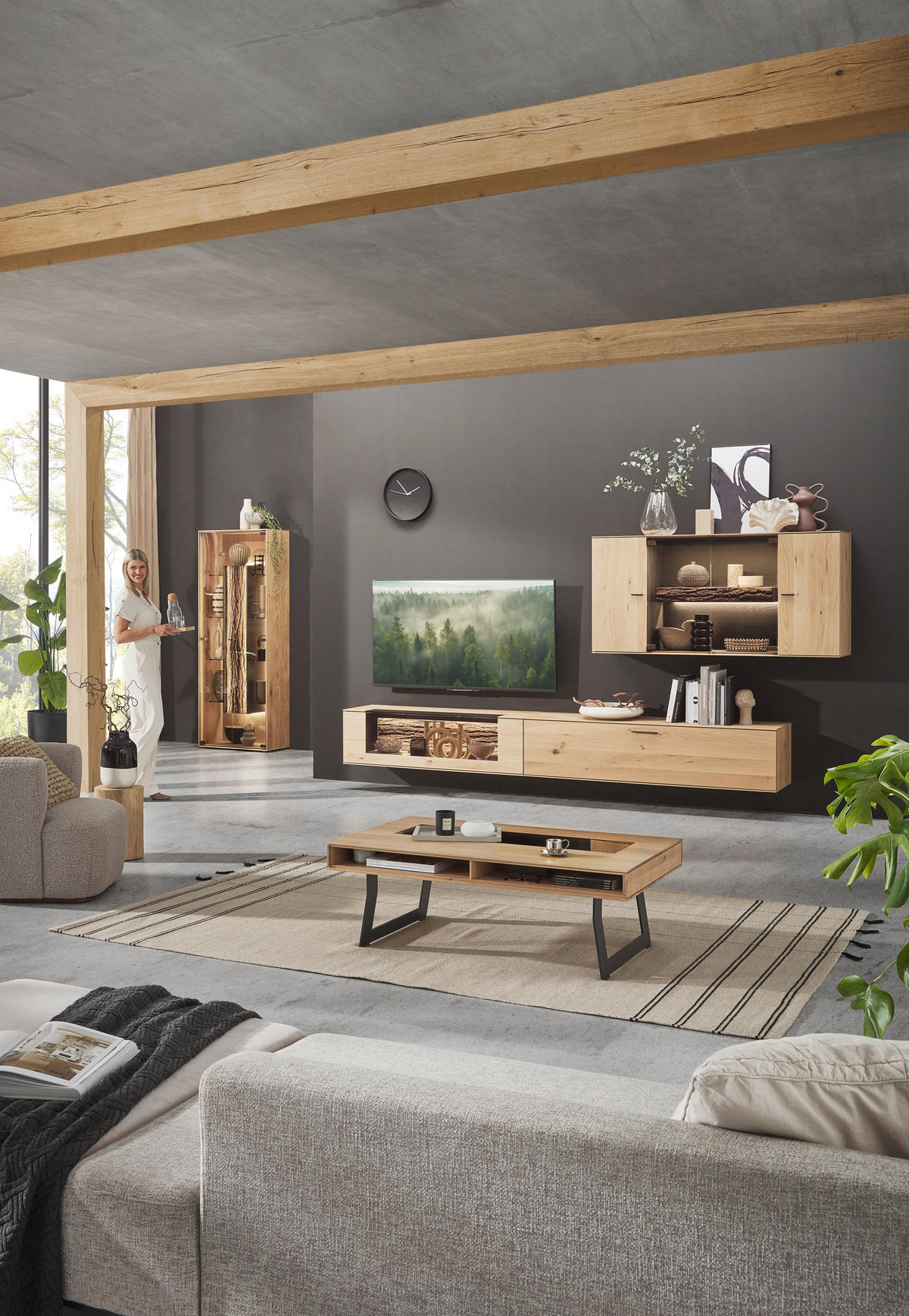 WOHNWAND  in Anthrazit, Eichefarben  336/195/44 cm  - Eichefarben/Anthrazit, Design, Glas/Holz (336/195/44cm) - Valnatura