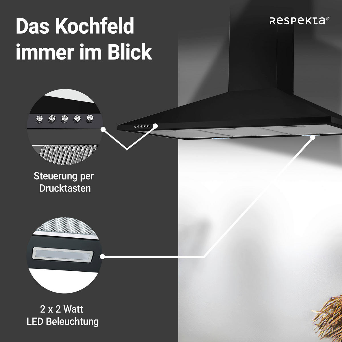 DUNSTABZUGSHAUBE CH22055-90S  - Schwarz, Basics, Metall (90/58-96/47,5cm) - Respekta