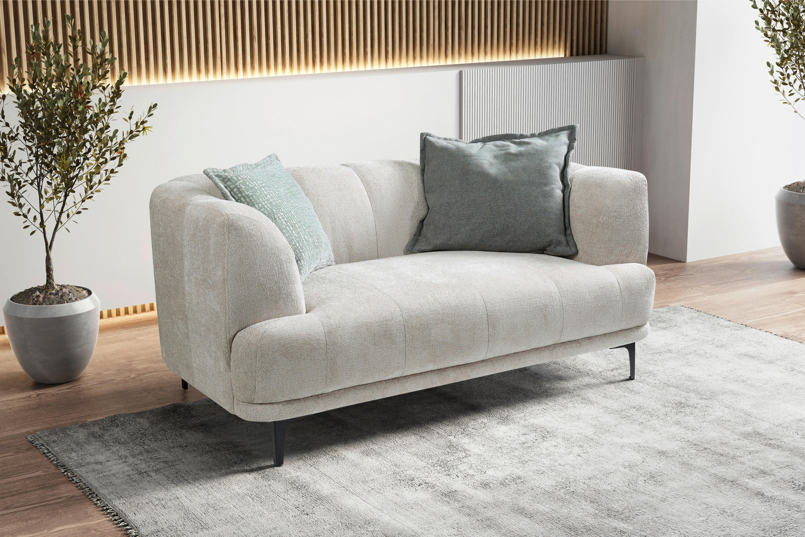 2-SITZER-SOFA Flachgewebe Creme  - Creme/Schwarz, Design, Textil/Metall (166/77/106cm) - MID.YOU