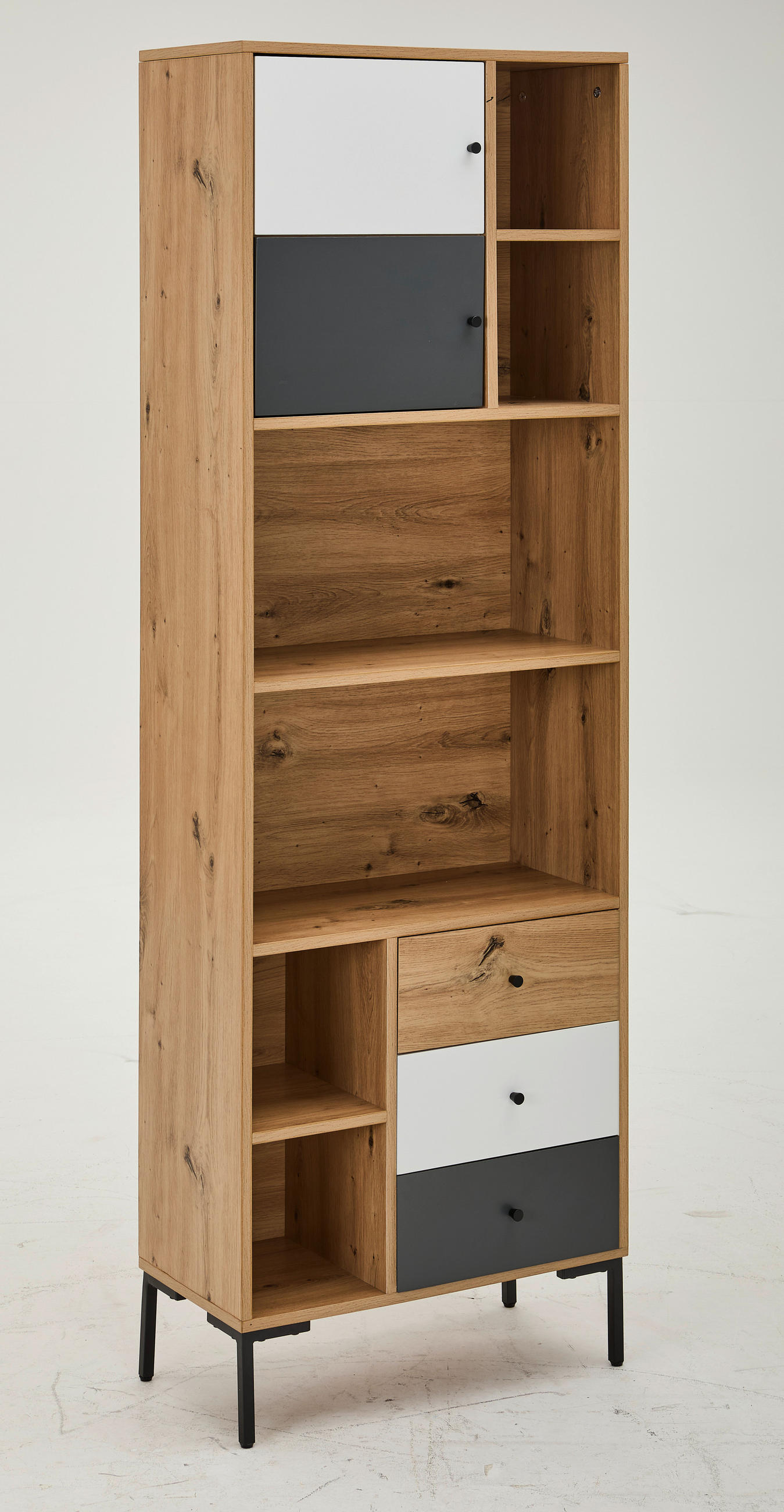 REGAL Grau, Weiß, Eichefarben  - Eichefarben/Schwarz, Design, Holzwerkstoff/Metall (60/180/30cm) - Carryhome