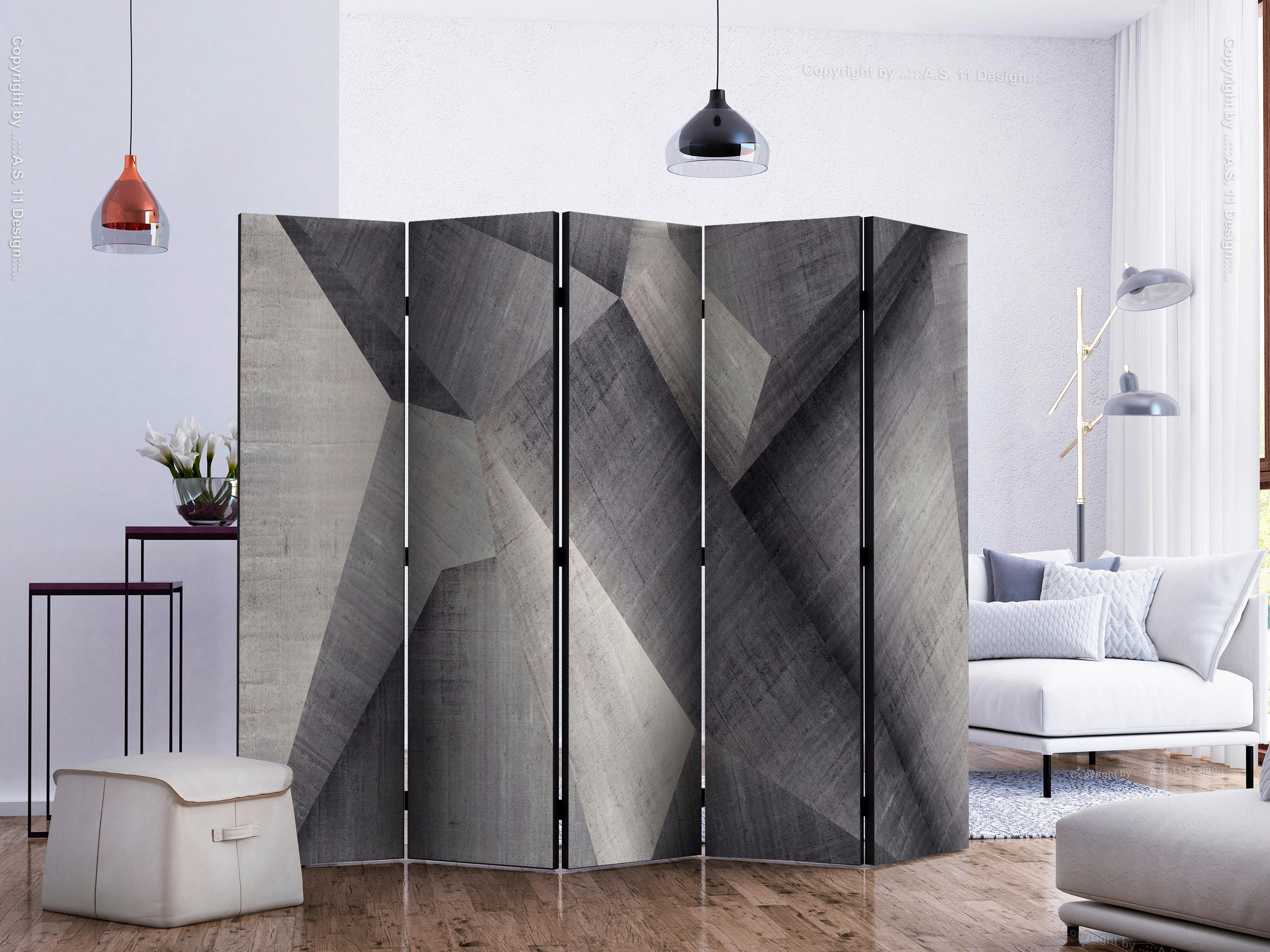 PARAVENT mit 5  Flügel - Weiß/Grau, Basics, Holz/Textil (225/172/3cm) - artgeist