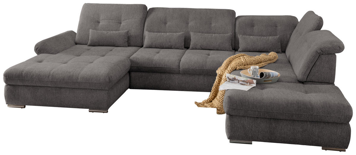 WOHNLANDSCHAFT in Chenille Braun, Grau  - Chromfarben/Braun, Design, Textil/Metall (195/376/254cm) - Livetastic