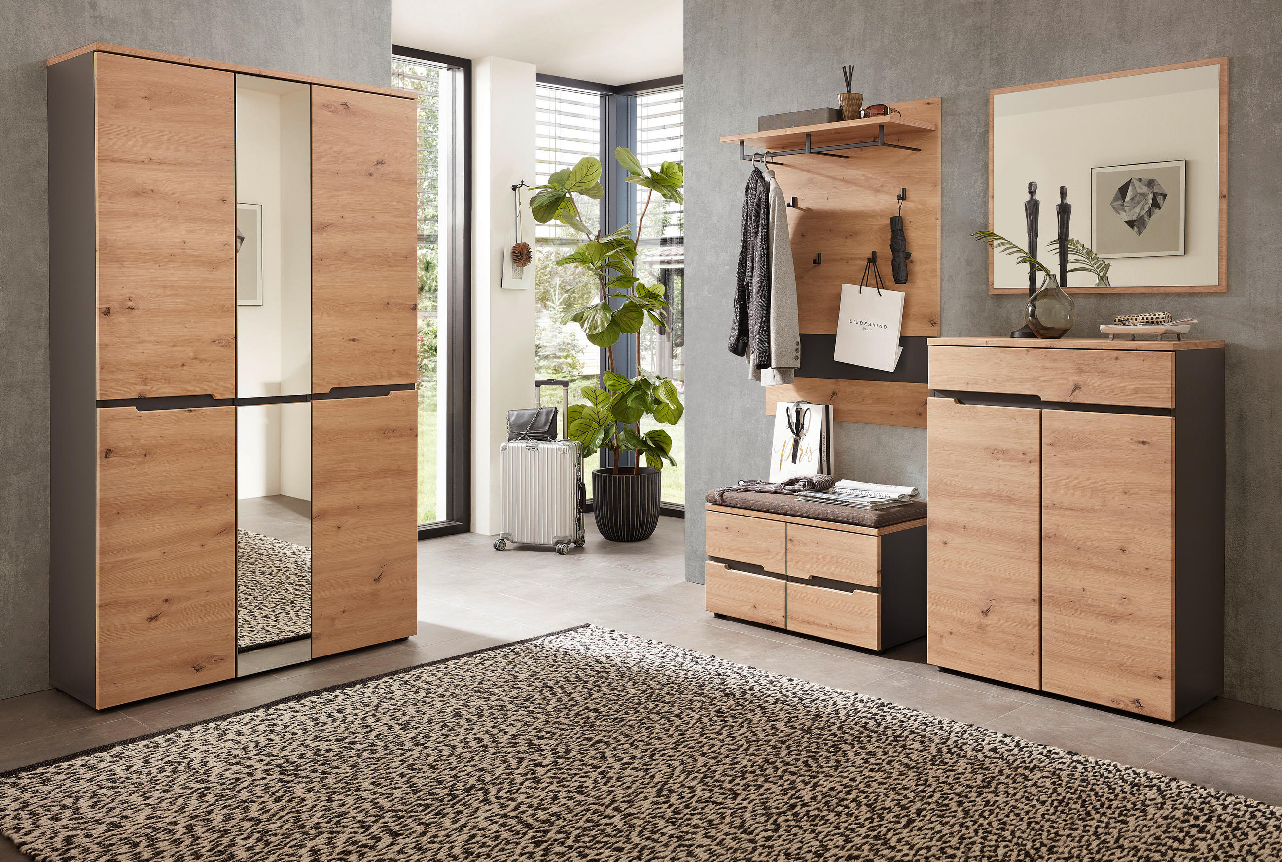 GARDEROBE 6-teilig  in 295/192/38 cm  - Graphitfarben/Eiche Artisan, Design, Glas/Holzwerkstoff (295/192/38cm) - Voleo