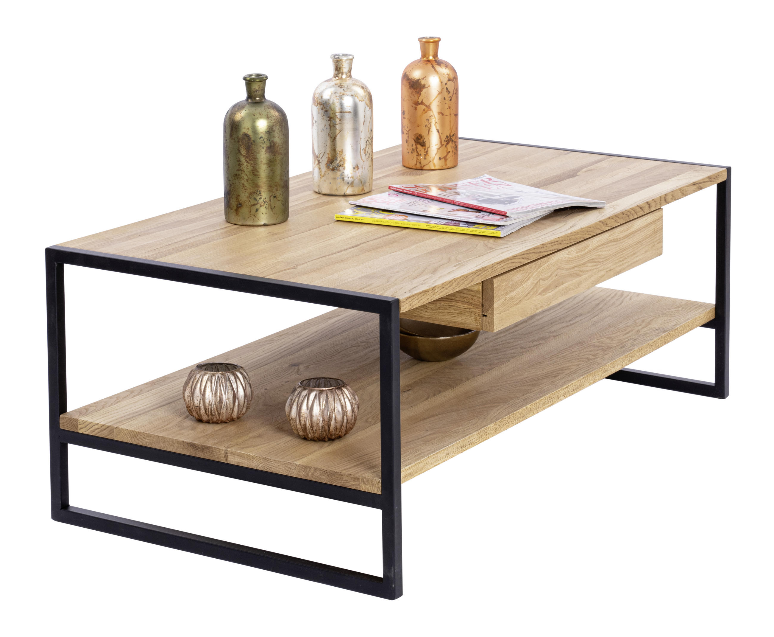 COUCHTISCH Eiche massiv 110/60/40 cm rechteckig Naturfarben  - Schwarz/Naturfarben, MODERN, Holz/Metall (110/60/40cm) - Valnatura