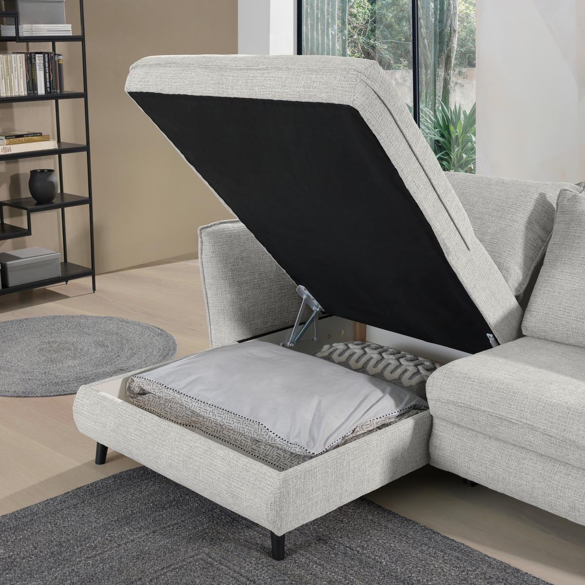 ECKSOFA inkl. Funktionen Hellgrau Struktur  - Hellgrau/Schwarz, Design, Holz/Textil (245/161cm) - Stylife