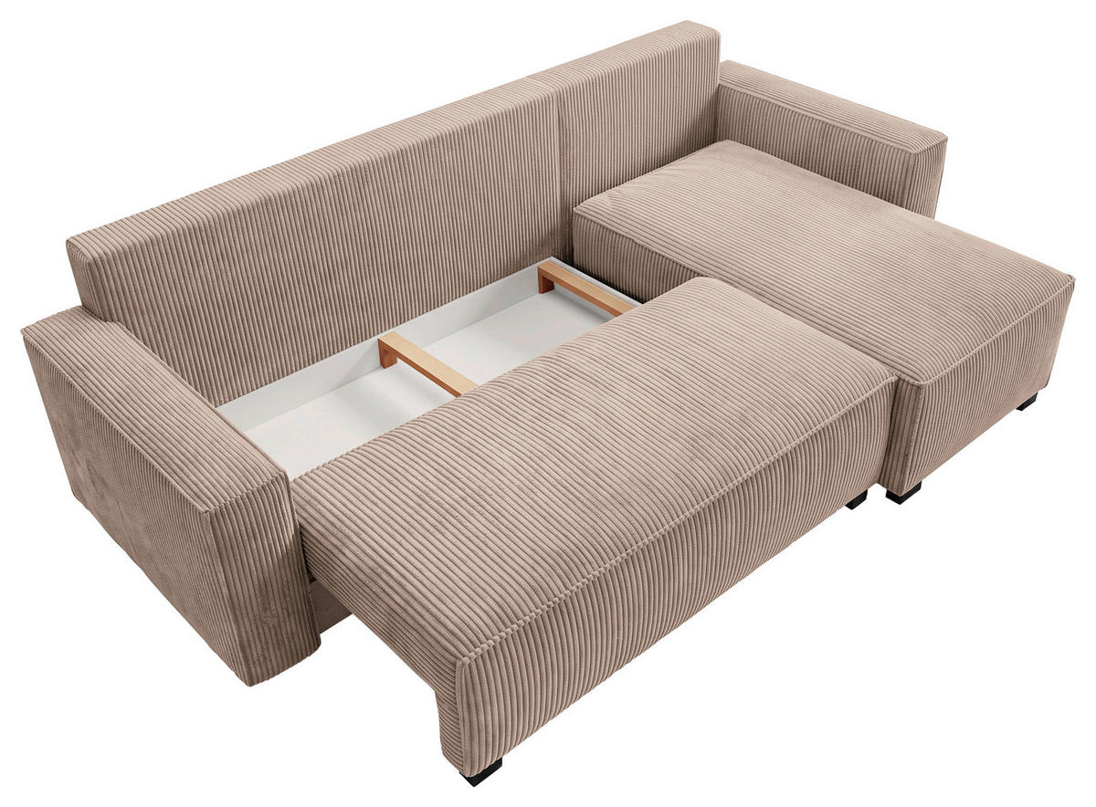 ECKSOFA Beige Cord Rückenkissen, Bettkasten, Schlaffunktion, Rücken echt, Liegefläche im Originalstoff  - Beige/Schwarz, MODERN, Kunststoff/Textil (232/140cm) - Xora