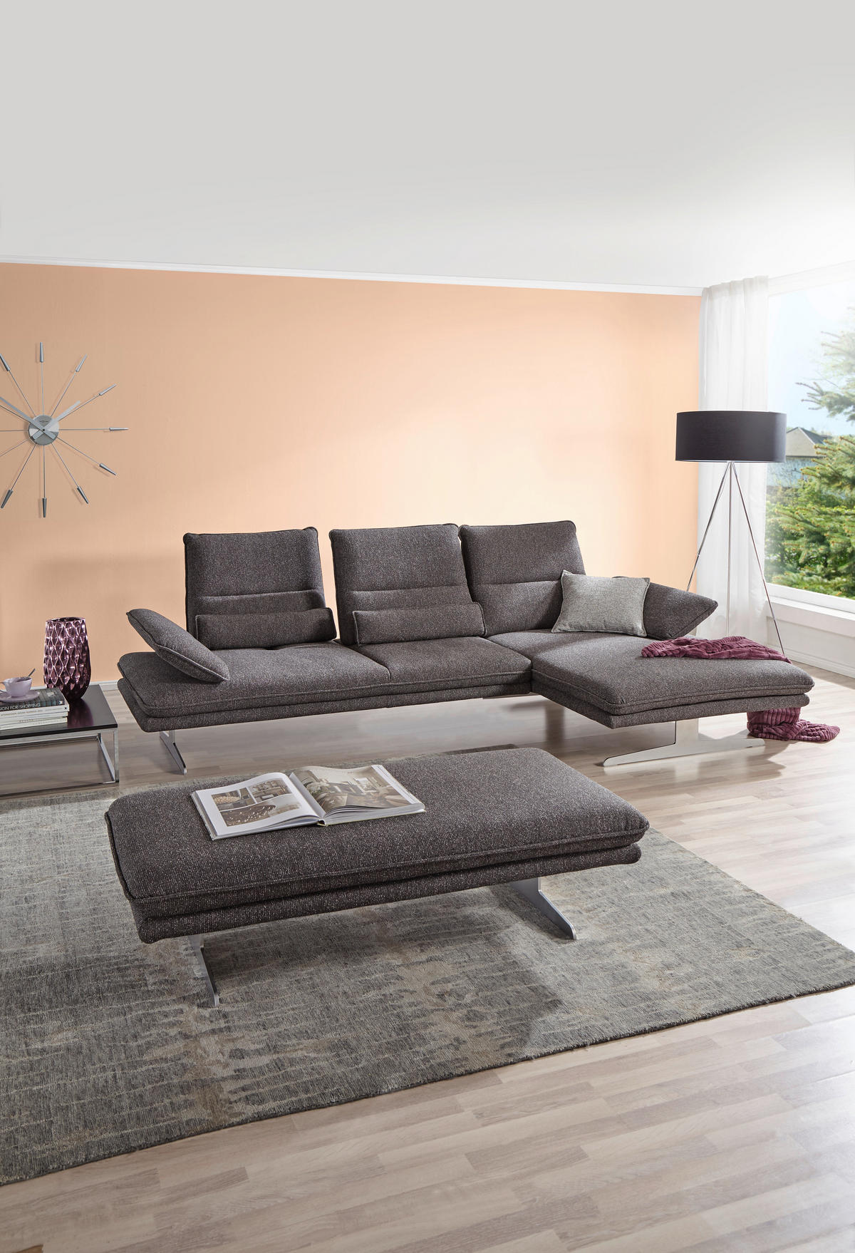 ECKSOFA Webstoff Anthrazit  - Chromfarben/Anthrazit, Design, Textil/Metall (291/164cm) - Chilliano