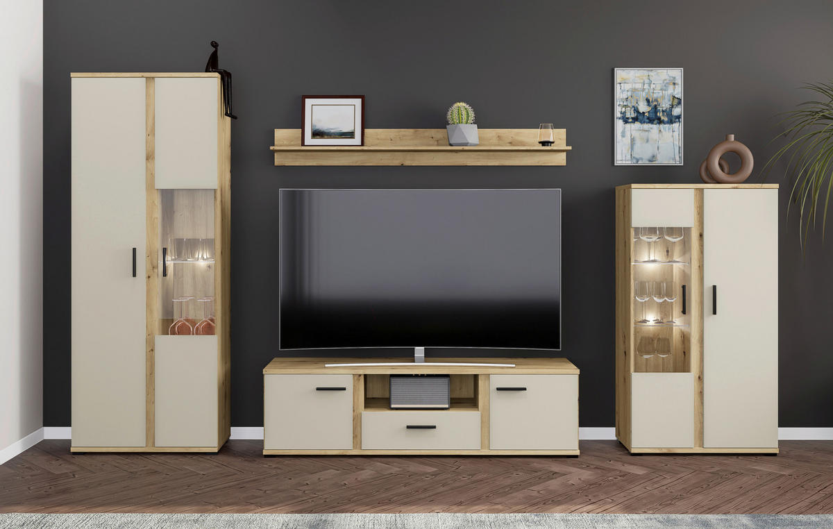 DNEVNI REGAL,  kašmir, hrast artisan  - črna/kašmir, Moderno, umetna masa/steklo (340/196/40cm) - Carryhome