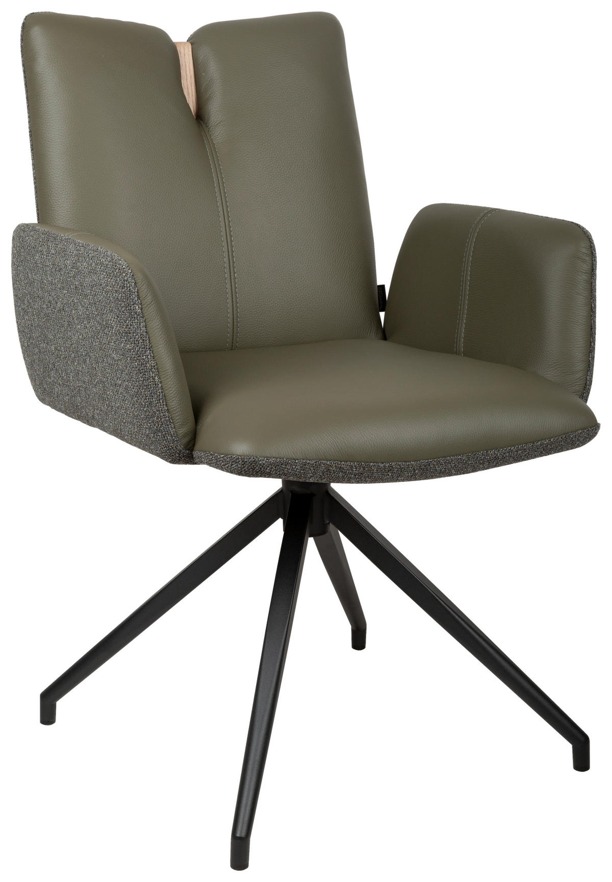 ARMLEHNSTUHL  Sitzfläche 360° drehbar, automatische Rückholfunktion Bouclé Echtleder  - Schwarz/Grün, Design, Leder/Holz (62/87/63cm) - Valnatura