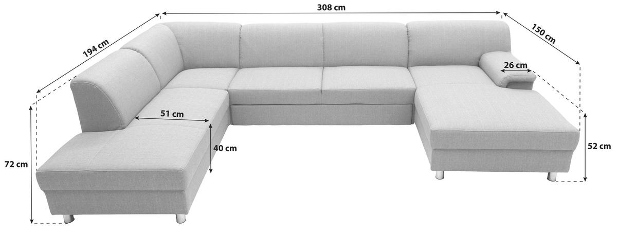 WOHNLANDSCHAFT Petrol Webstoff  - Chromfarben/Petrol, KONVENTIONELL, Textil/Metall (195/308/150cm) - MID.YOU