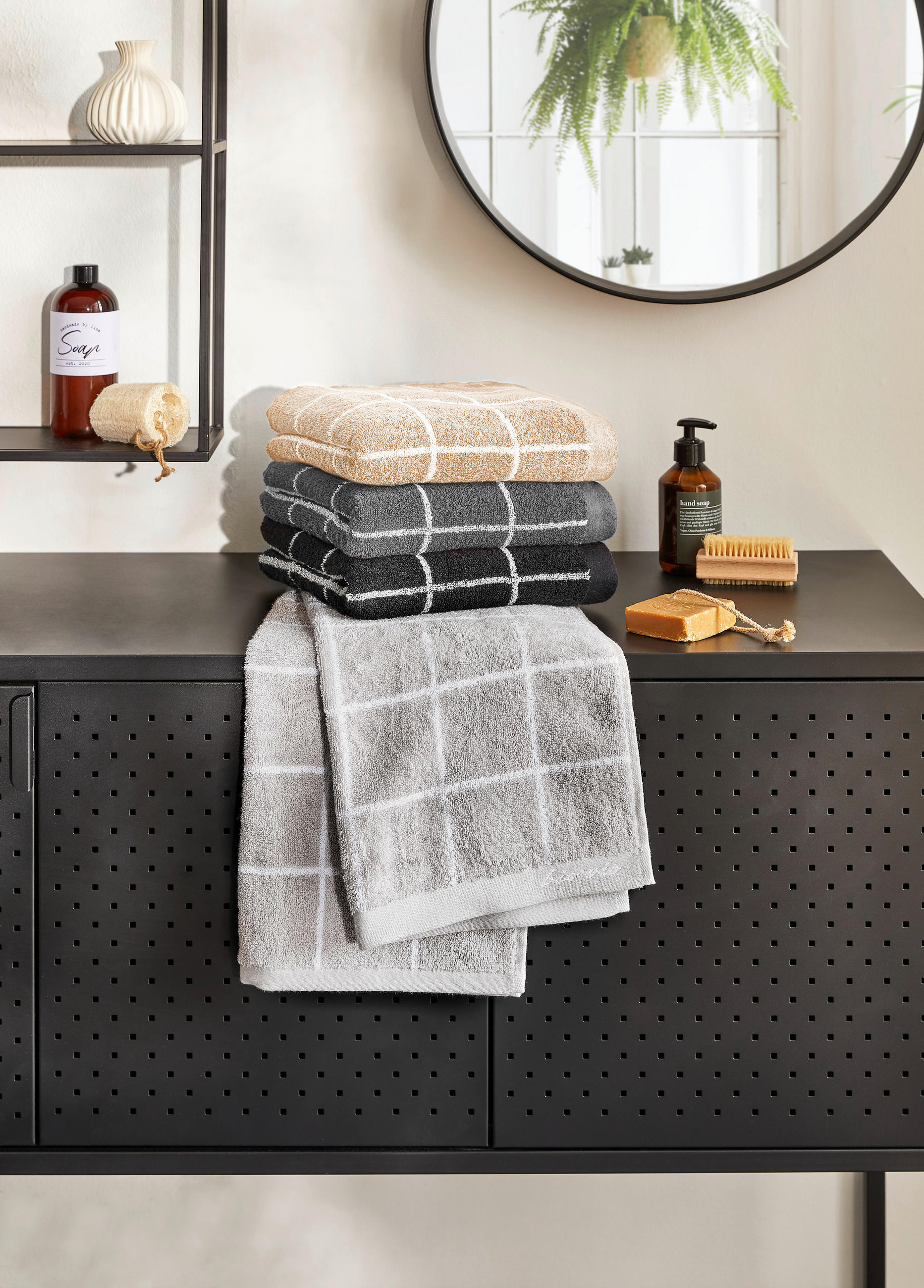 Thumbnail - Bio:Vio Handtuchset, Braun, Taupe, Textil, Karo, 50x100 cm, Textiles Vertrauen - Oeko-Tex®, schadstoffgeprüft, Badtextil...