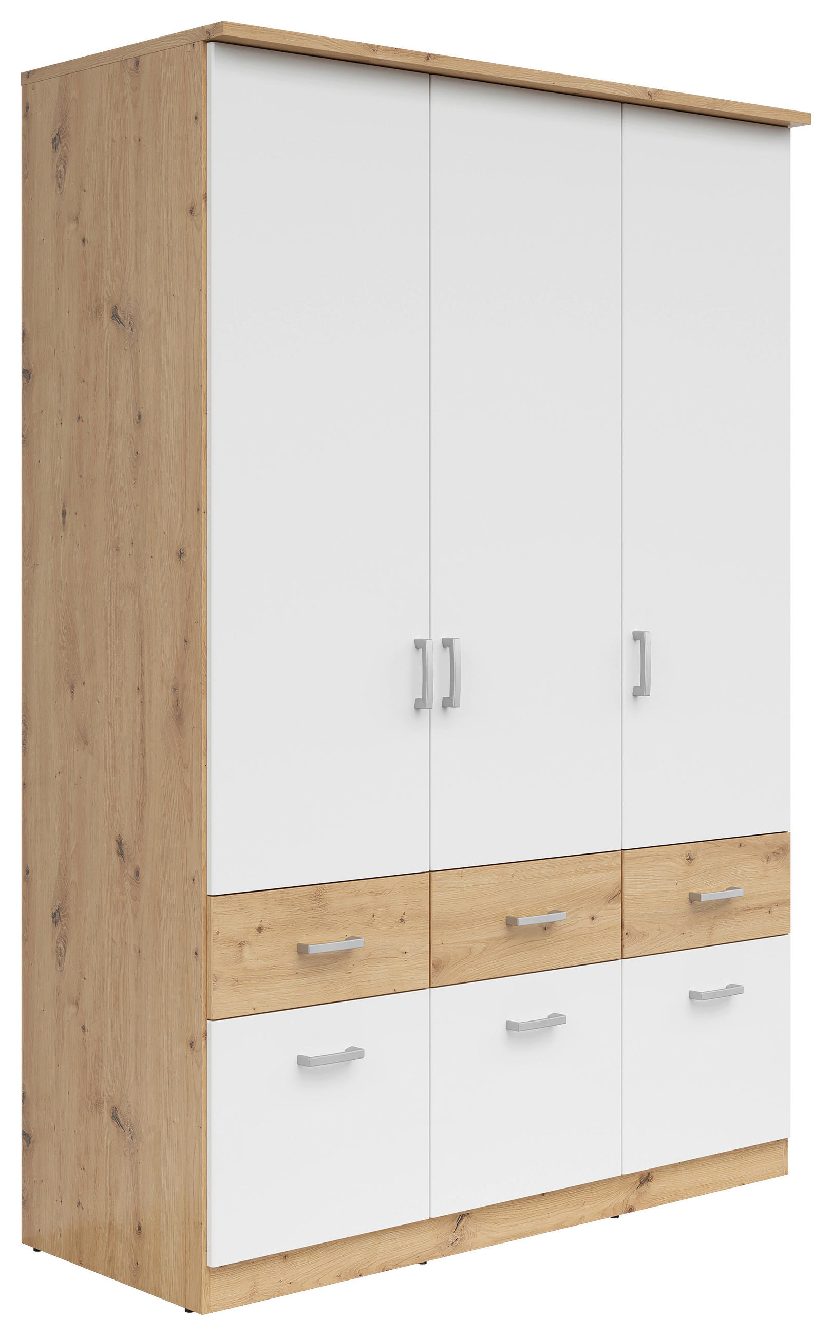 KLEIDERSCHRANK 136/199/58 cm 3-türig Weiß, Eiche Artisan  - Silberfarben/Weiß, KONVENTIONELL, Holzwerkstoff/Kunststoff (136/199/58cm)