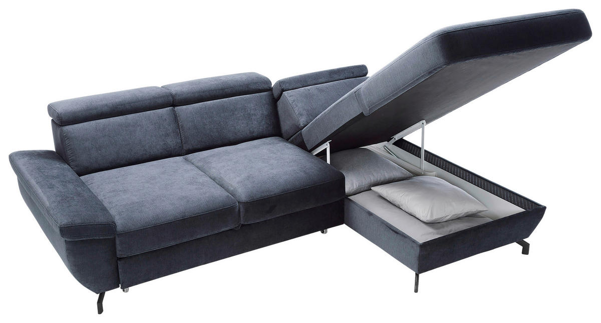 ECKSOFA RIMA Dunkelblau Velours  - Silberfarben/Dunkelblau, MODERN, Textil/Metall (262/182cm) - Trendmanufaktur