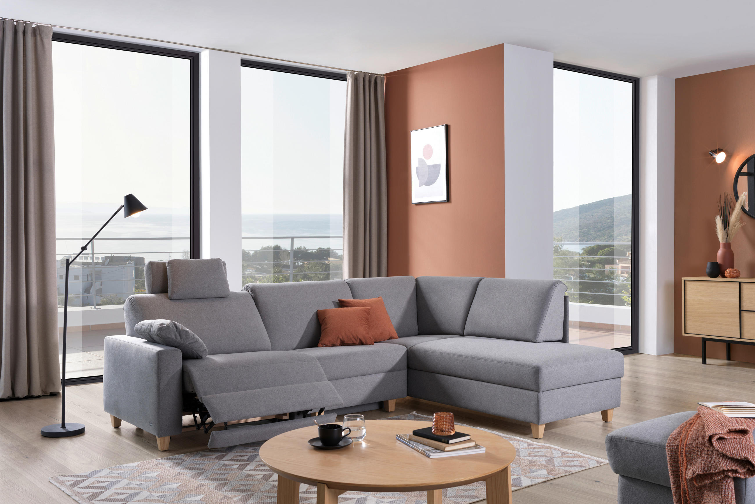 ECKSOFA in Flachgewebe Grau  203/261 cm  - Eichefarben/Grau, KONVENTIONELL, Holz/Textil (203/261cm) - Sedda