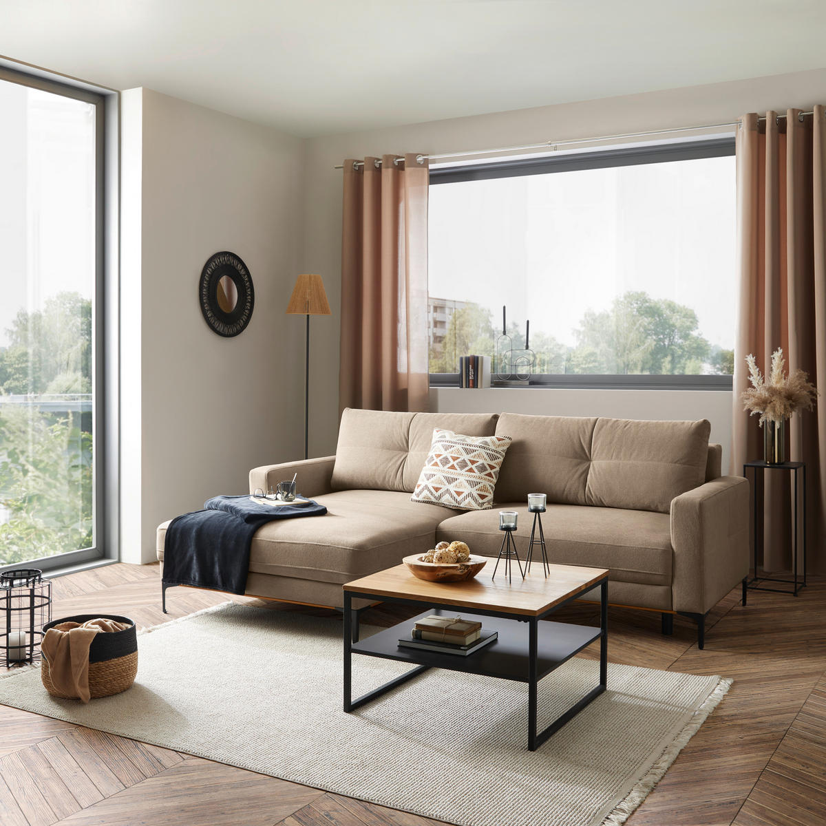 ECKSOFA in Hellbraun  - Hellbraun/Schwarz, Modern, Textil/Metall (162/238cm) - Ondega