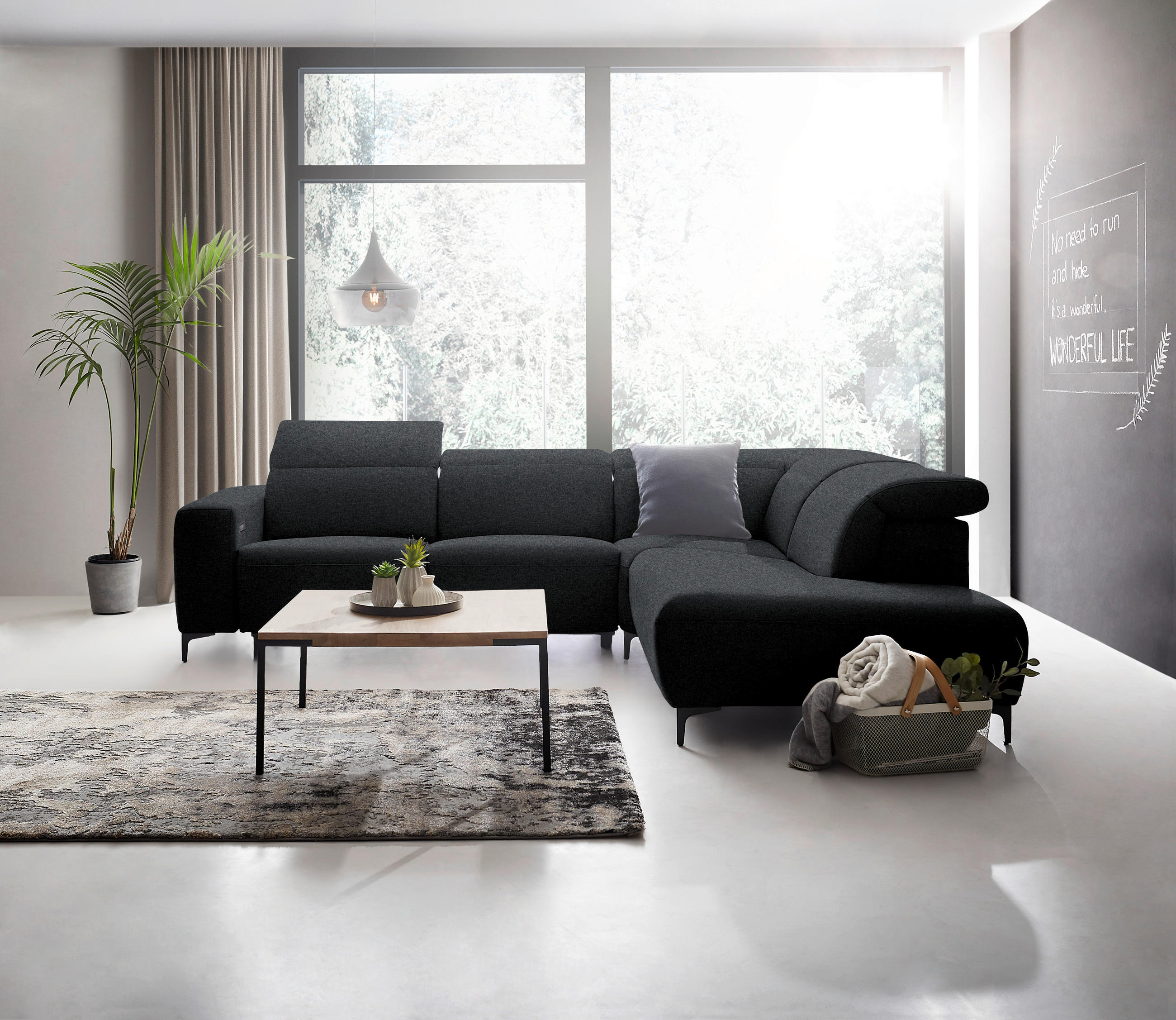 ECKSOFA Anthrazit Flachgewebe  - Anthrazit/Schwarz, Design, Textil/Metall (290/238cm) - Pure Home Lifestyle