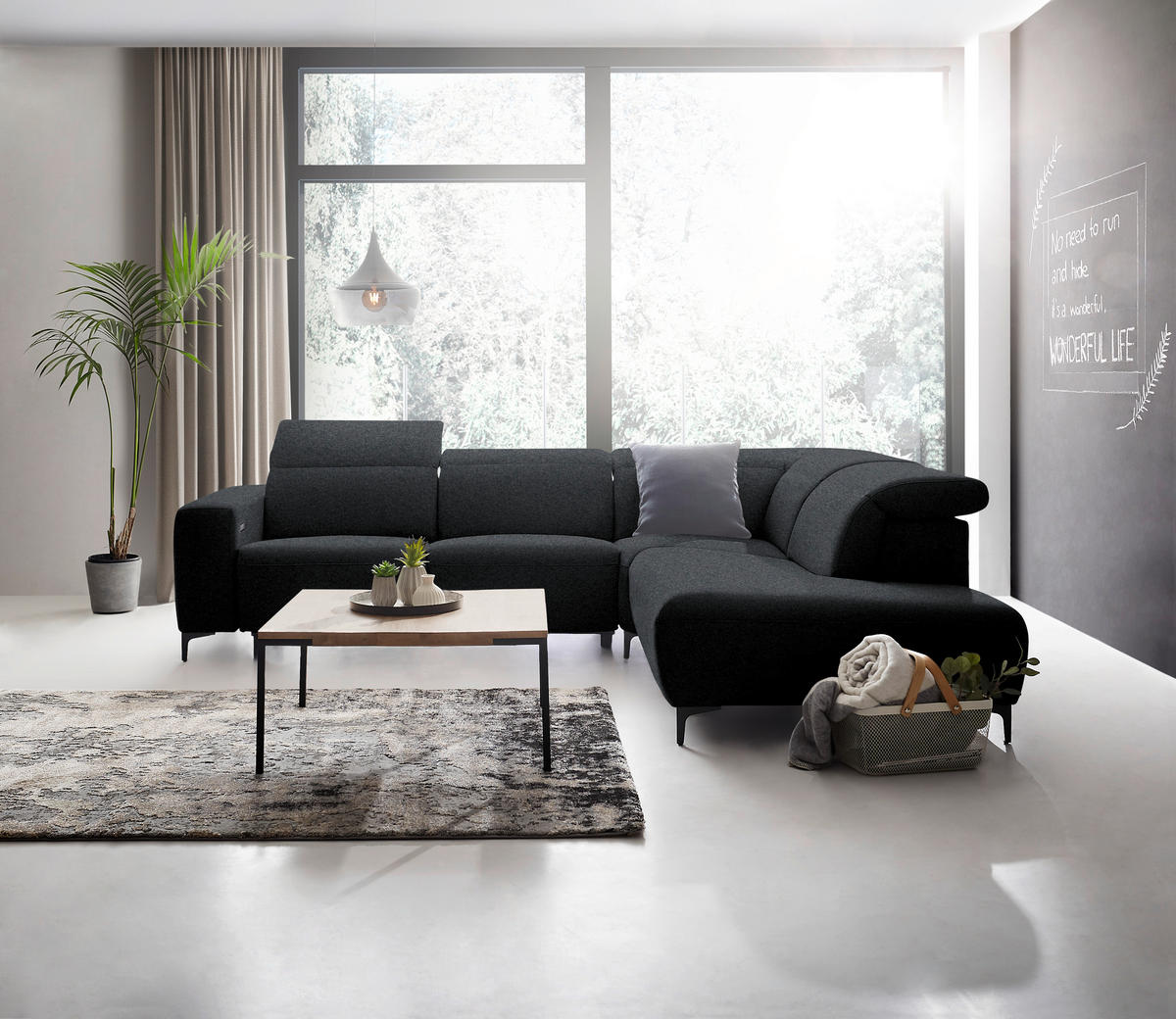 ECKSOFA Anthrazit Flachgewebe  - Anthrazit/Schwarz, Design, Textil/Metall (290/238cm) - Pure Home Lifestyle