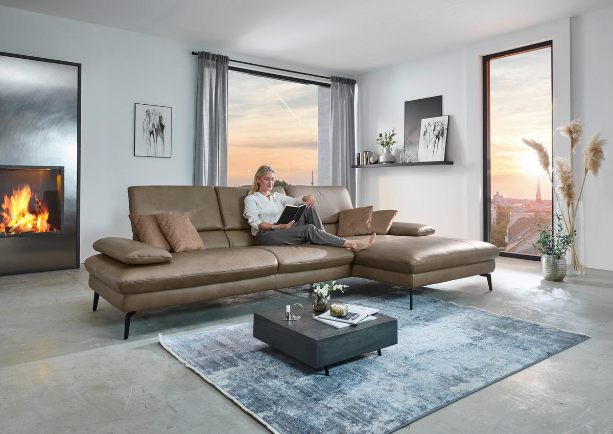 ECKSOFA in Echtleder Graubraun  - Graubraun/Schwarz, Design, Leder/Metall (325/157cm) - Dieter Knoll