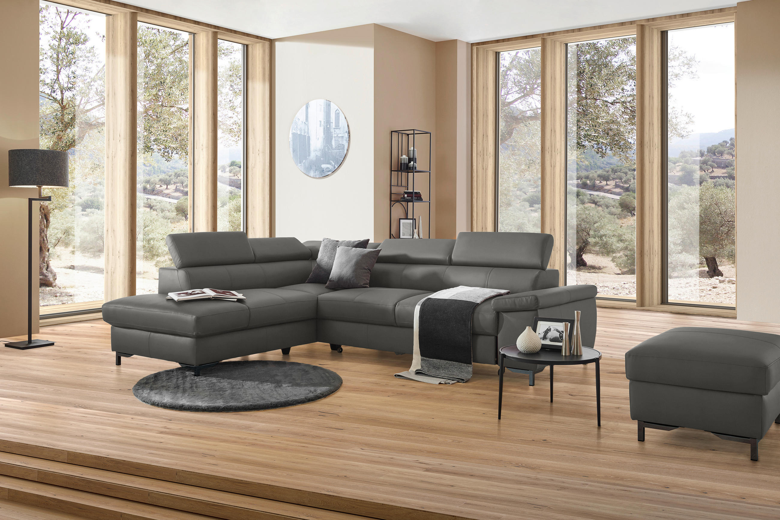 ECKSOFA in Echtleder Anthrazit  - Anthrazit/Schwarz, Design, Leder/Metall (213/268cm) - Stylife