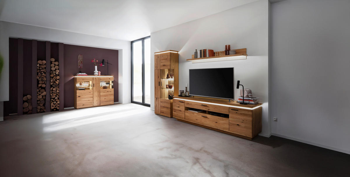 WOHNWAND 3-teilig  Eichefarben 300/204/50 cm  LED-Leuchtmittel   - Eichefarben/Schwarz, Natur, Glas/Holz (300/204/50cm) - Linea Natura