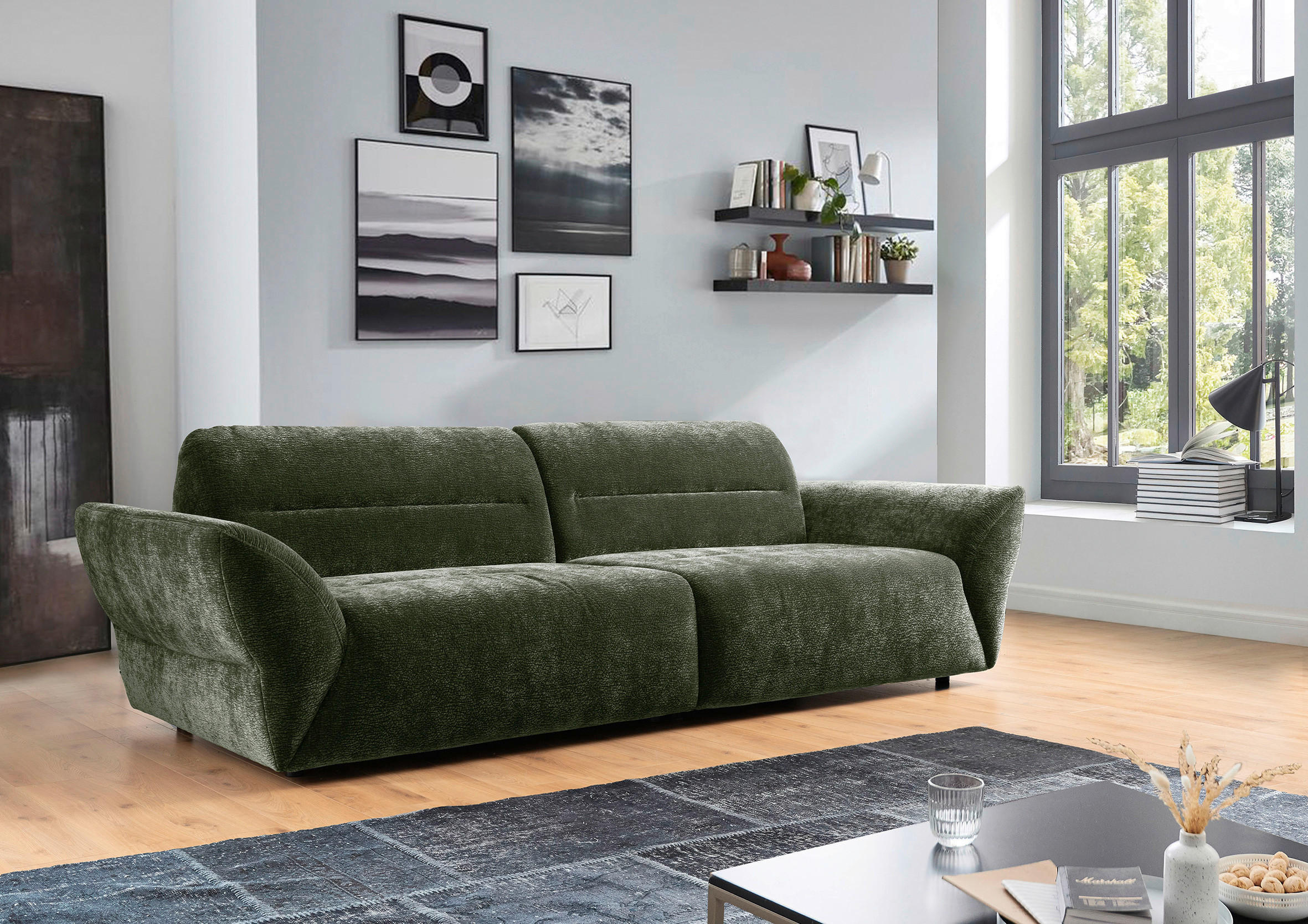 BIGSOFA in Chenille Olivgrün  - Schwarz/Olivgrün, Konventionell, Kunststoff/Textil (300/91/116cm) - Sit & More