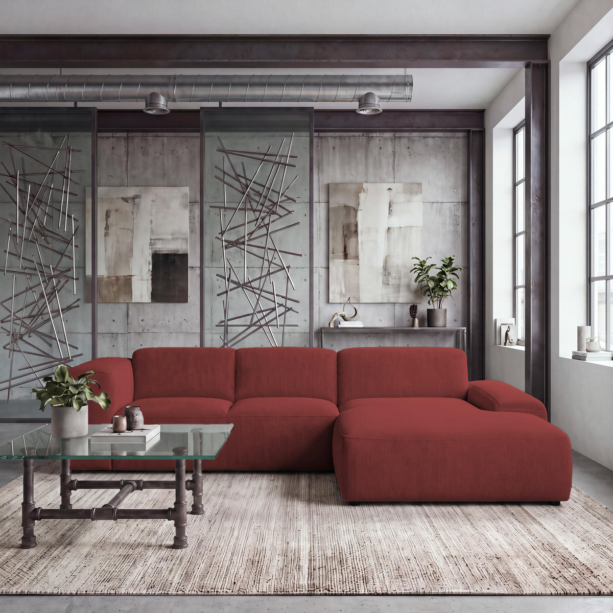ECKSOFA HANNAH Rot Cord  - Rot/Schwarz, Design, Kunststoff/Textil (304/200cm) - MID.YOU