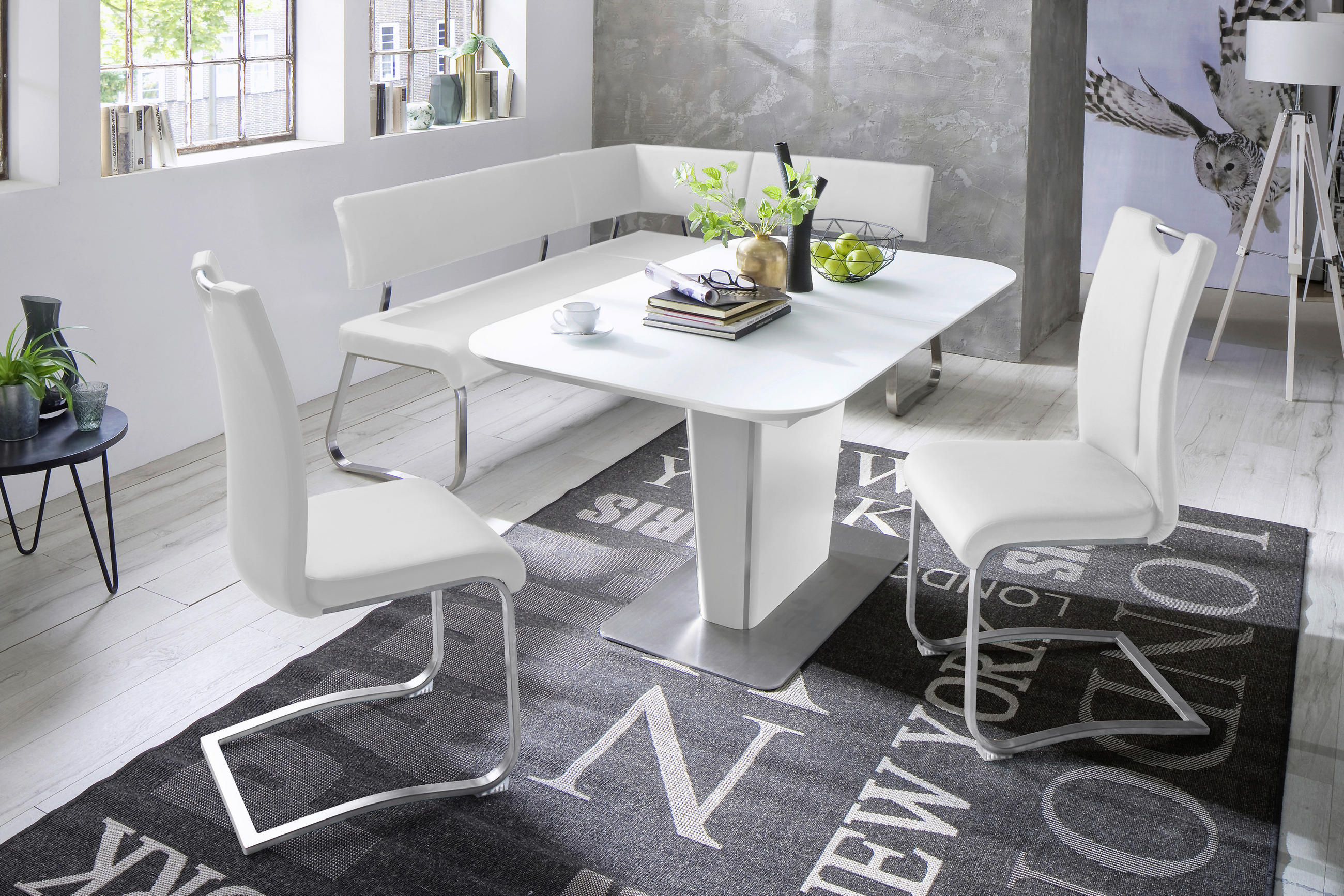 ECKBANK 200/150 cm Lederlook Weiß, Edelstahlfarben   - Edelstahlfarben/Weiß, Design, Textil/Metall (200/150cm) - Livetastic