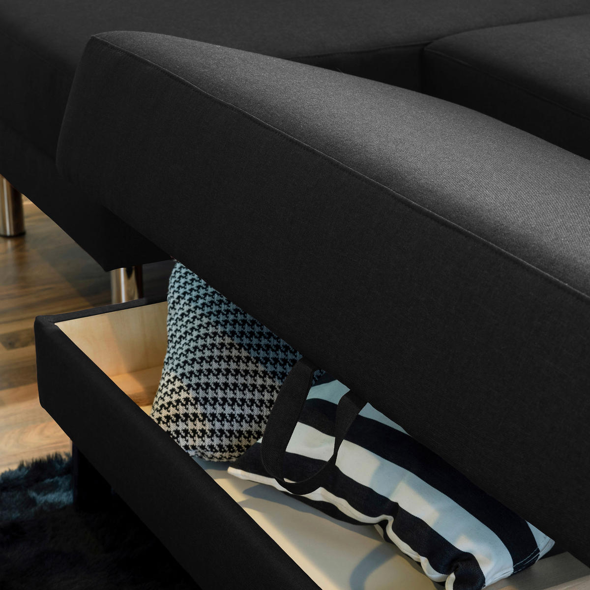 ECKSCHLAFSOFA inkl. Hocker Schwarz Flachgewebe  - Chromfarben/Schwarz, KONVENTIONELL, Textil/Metall (152/230cm) - Max Winzer