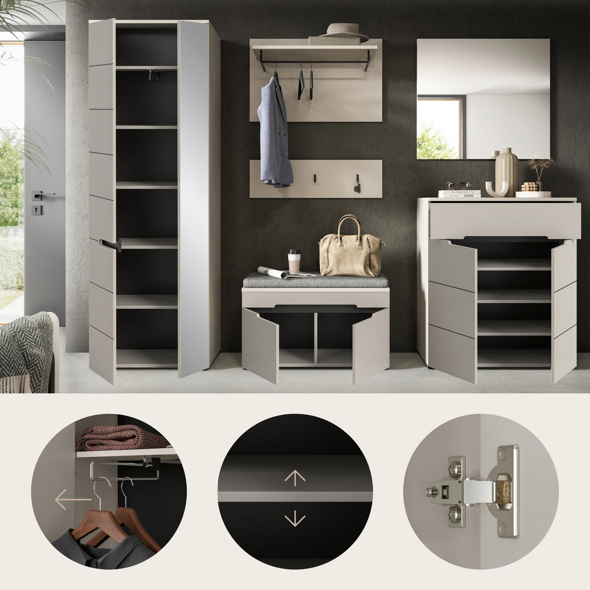 GARDEROBE 6-teilig  in 255/190/37 cm  - Kaschmir/Grau, Design, Holzwerkstoff (255/190/37cm) - MID.YOU