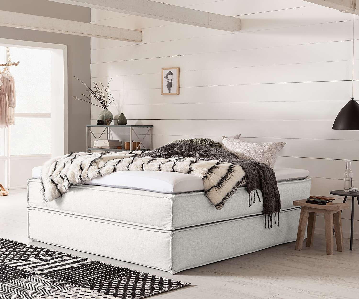 Thumbnail - home24 Boxspringbett, Creme, Textil, H2, 7-Zonen, Höhe ca. 24 cm, 160x220 cm, Topper durchgehend, Partnermatratze mit du...