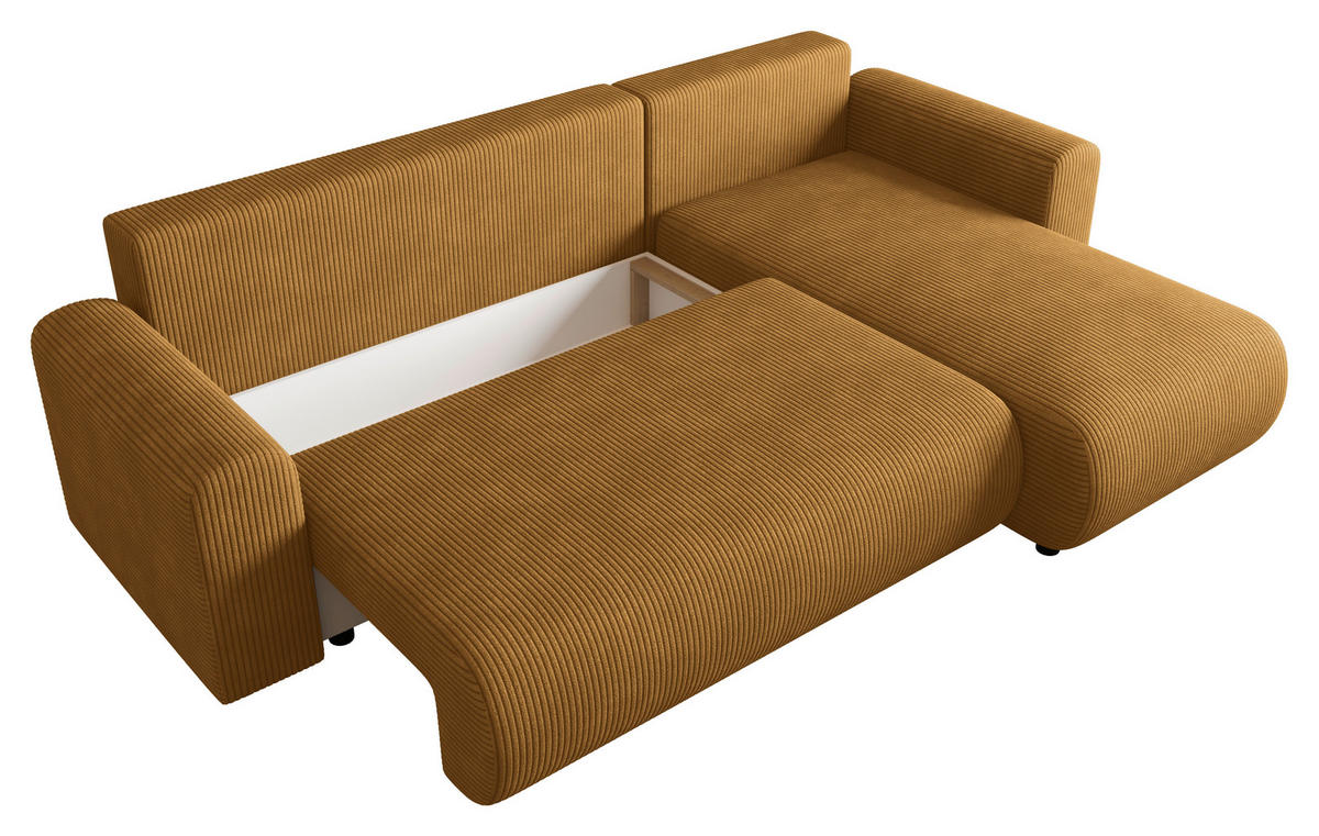 ECKSOFA Senfgelb Cord Zierkissen, Rückenkissen, Schlaffunktion, Rücken echt, Stauraum, Liegefläche im Originalstoff  - Senfgelb/Schwarz, KONVENTIONELL, Kunststoff/Textil (246/152cm) - Xora