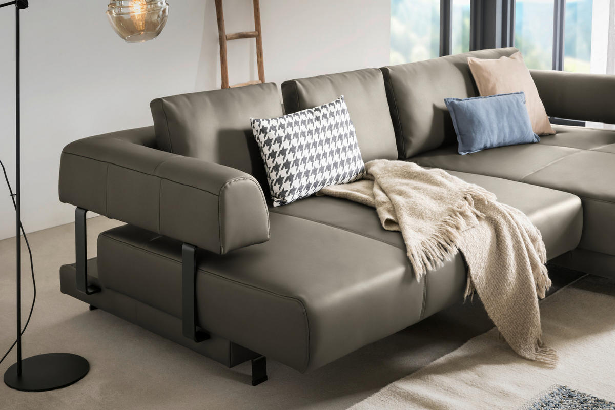 ECKSOFA in Echtleder Graubraun  - Graubraun/Schwarz, Design, Leder/Metall (307/188cm)