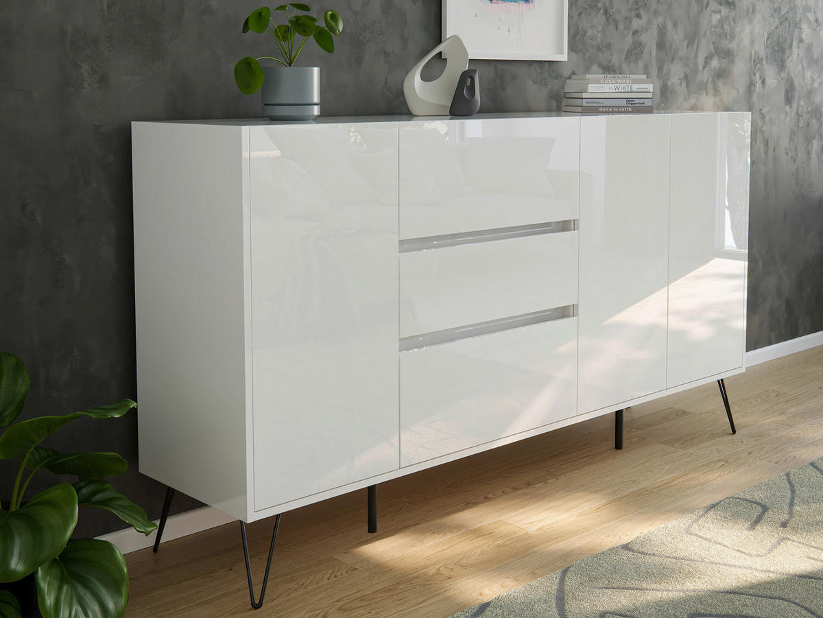 SIDEBOARD Posseik Industrial 177/93,6/42 cm 3 Schublade(n)  - Weiß Hochglanz/Schwarz, Design, Holzwerkstoff/Metall (177/93,6/42cm) - P & B