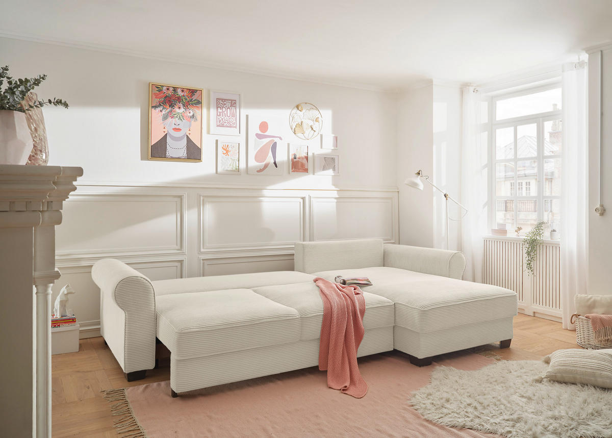 ECKSOFA in Cord Creme  - Creme/Schwarz, Konventionell, Kunststoff/Textil (318/197cm) - MID.YOU