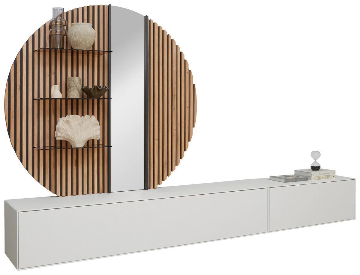 WOHNWAND  in Weiss, Eichefarben 288/206/44 cm  - Weiss/Eichefarben, Design, Glas/Holz (288/206/44cm) - Johann Jakob