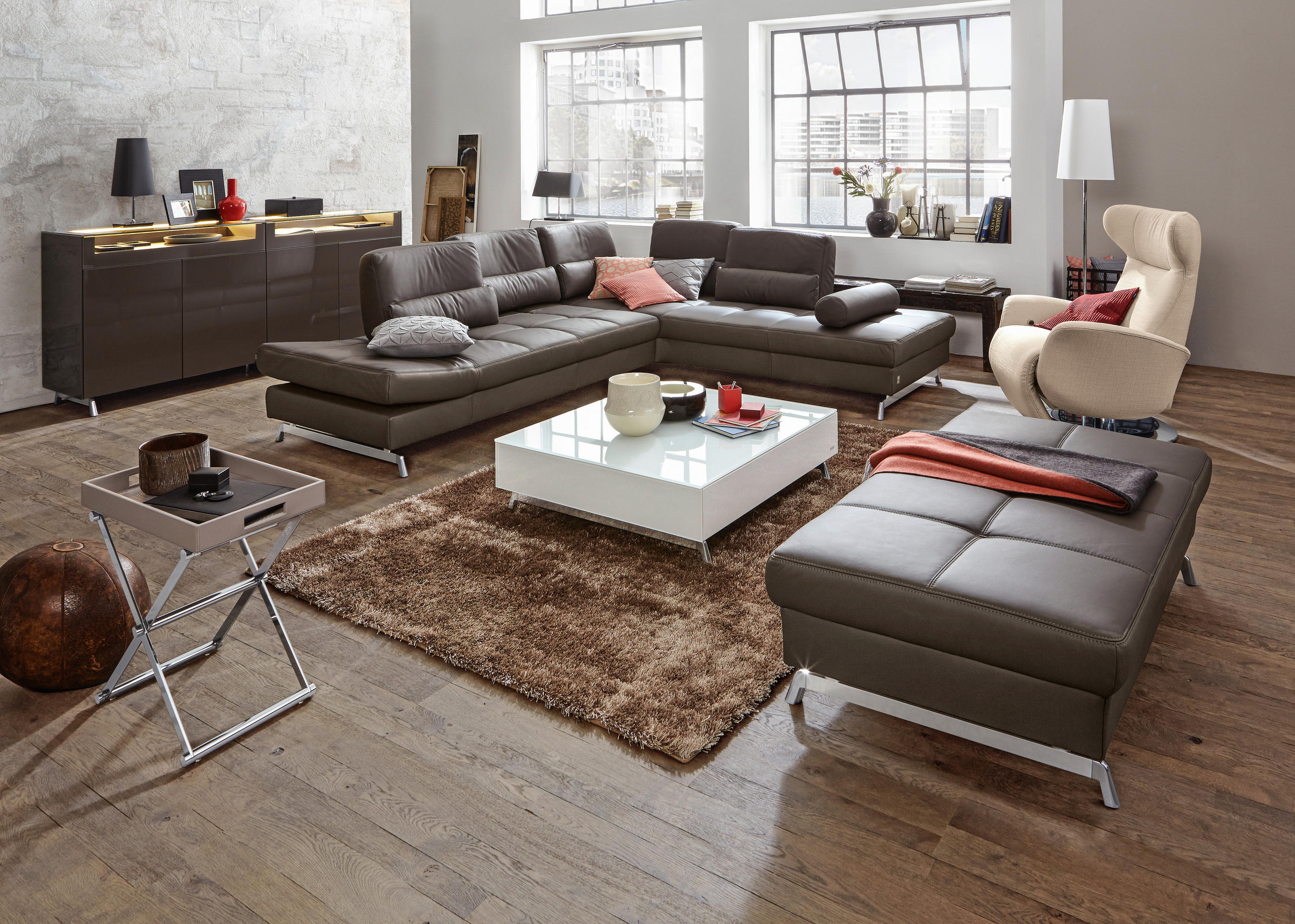 ECKSOFA in Echtleder Grau  - Alufarben/Grau, Design, Leder/Metall (299/250cm) - Joop!