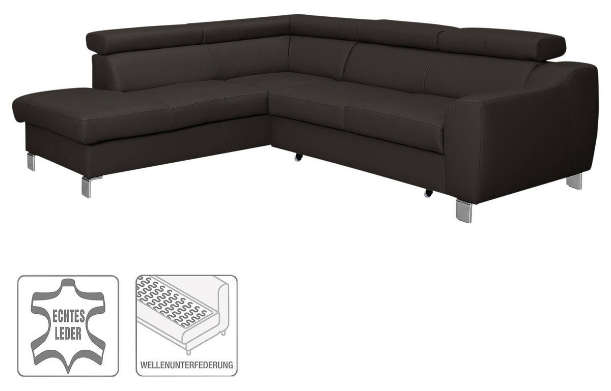 ECKSOFA Dunkelbraun Echtleder Lederlook  - Chromfarben/Dunkelbraun, Design, Leder/Textil (208/245cm) - Livetastic