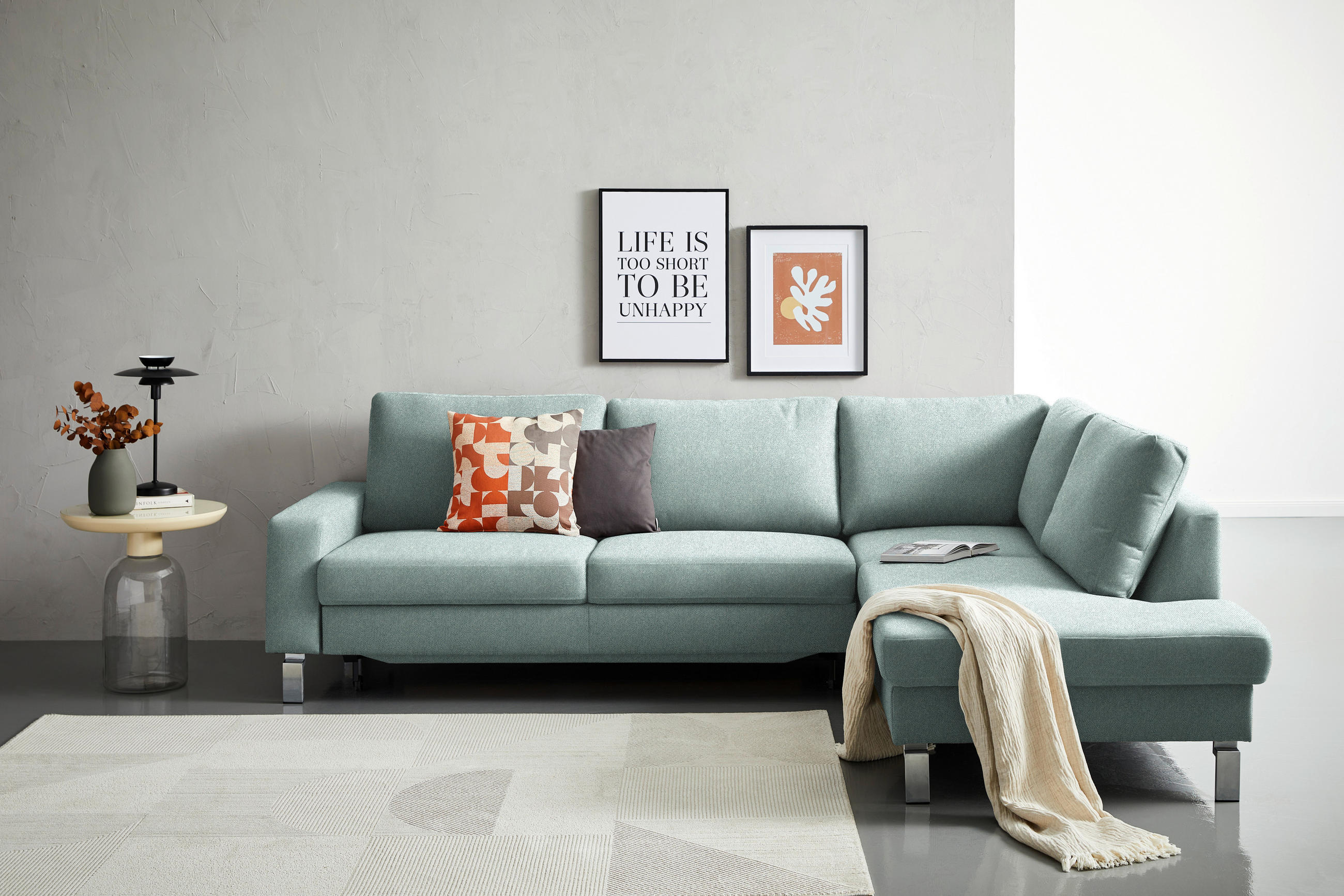 ECKSOFA in Flachgewebe Blaugrau  - Chromfarben/Blaugrau, Design, Textil/Metall (276/200cm) - Hom`in