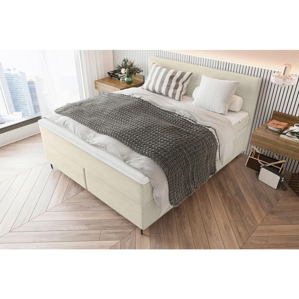 Thumbnail - Boxxx Boxspringbett, Beige, Textil, H3, Höhe ca. 19 cm, 180x200 cm, gepolstertes Kopfteil, Stoffauswahl, Topper durchgeh...