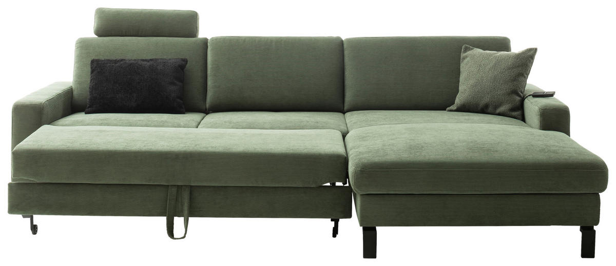 ECKSOFA in Cord Olivgrün  - Schwarz/Olivgrün, Design, Textil/Metall (298/185cm) - Pure Home Lifestyle