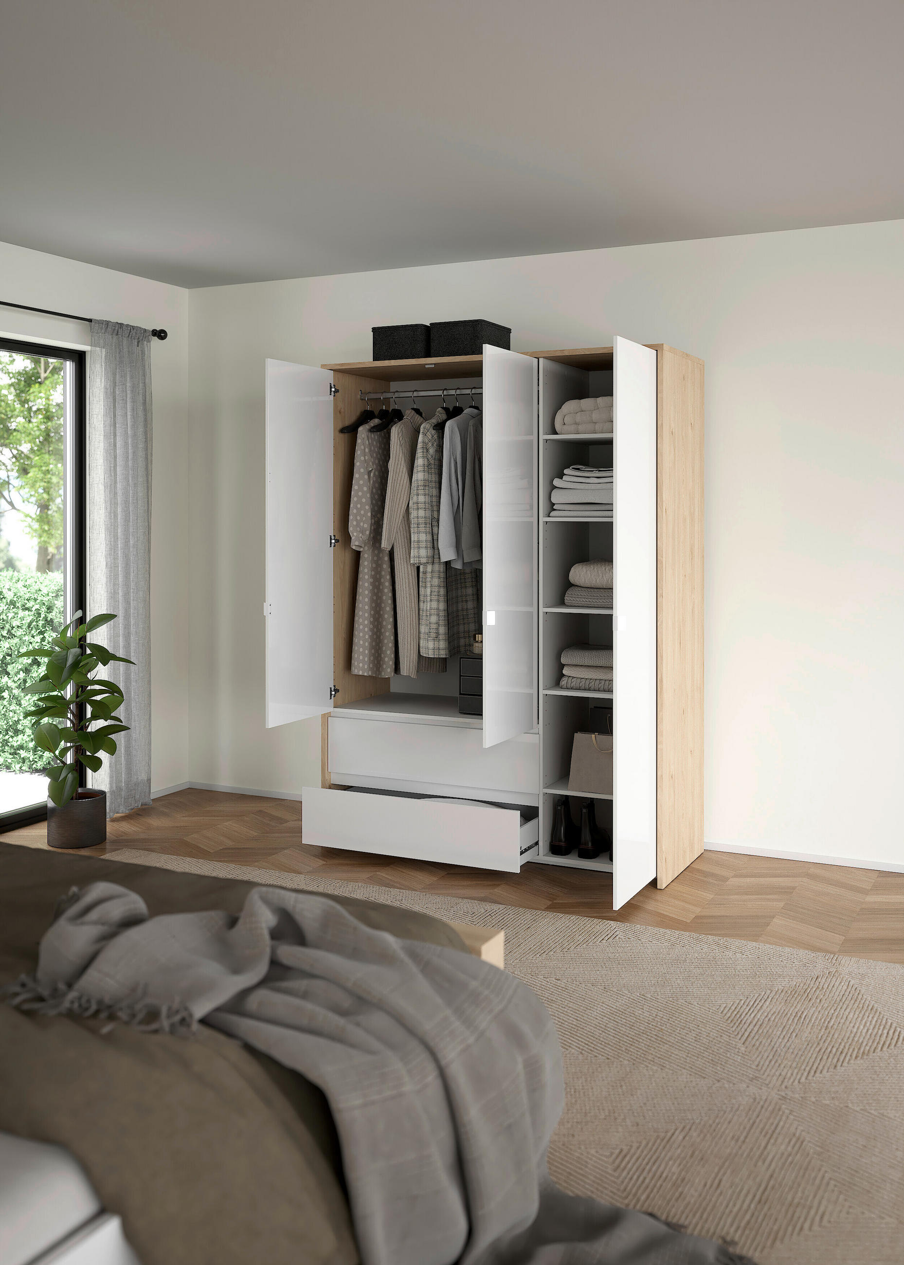 DREHTÜRENSCHRANK 149/202/58 cm 3-türig Eichefarben, Weiß - Eichefarben/Silberfarben, KONVENTIONELL, Holzwerkstoff/Metall (149/202/58cm) - Boxxx