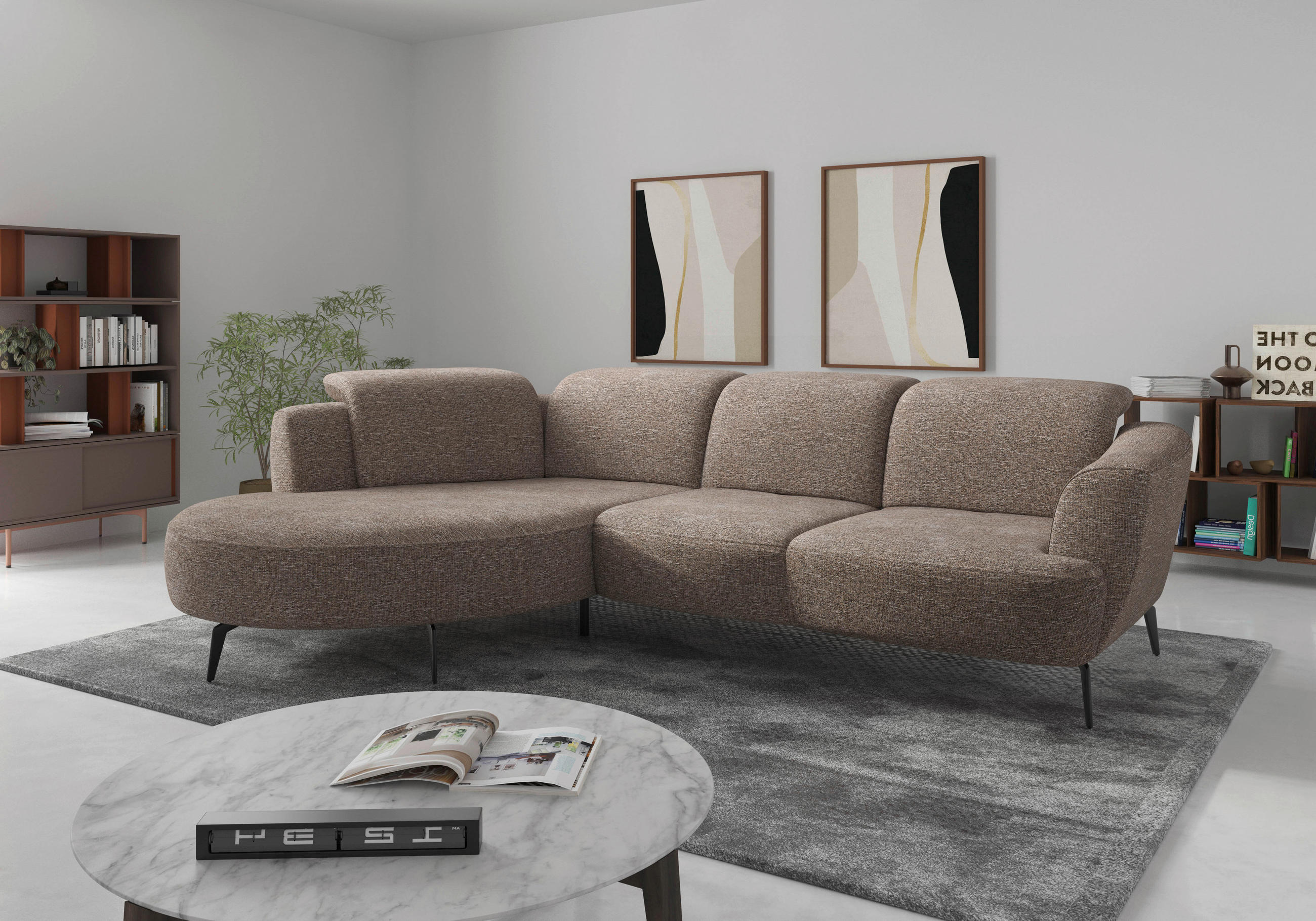 ECKSOFA ZOE E Cappuccino Chenille  - Schwarz/Cappuccino, KONVENTIONELL, Textil/Metall (199/309cm) - Sit & More