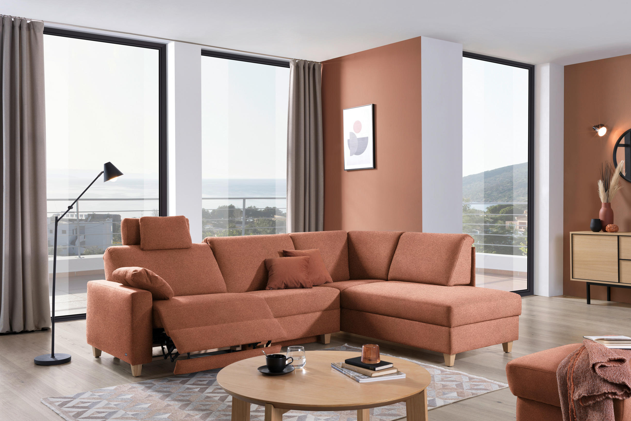 ECKSOFA in Flachgewebe Terracotta  261/203 cm  - Eichefarben/Terracotta, KONVENTIONELL, Holz/Textil (261/203cm) - Sedda