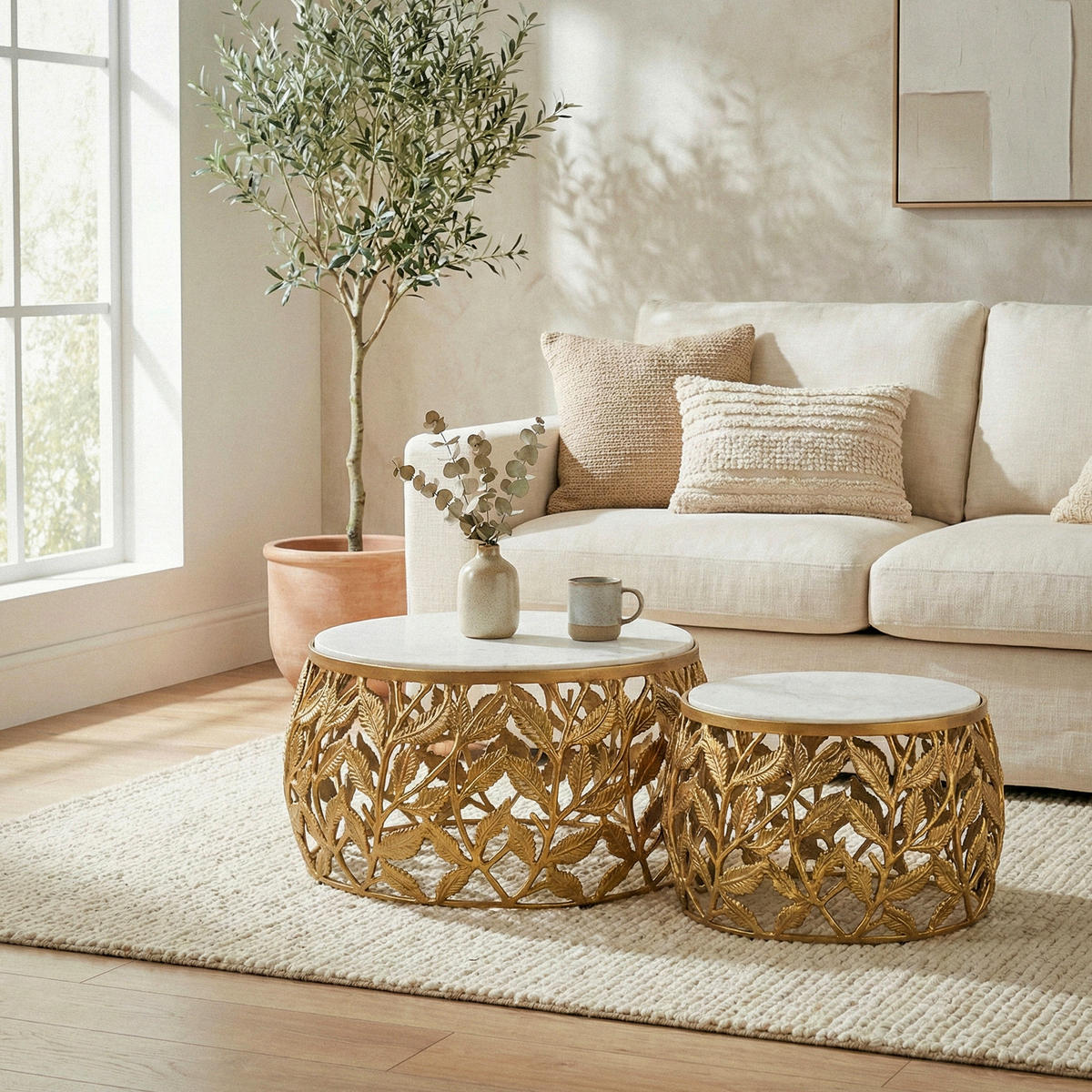 Set De Măsuțe Suprapuse din piatră, 60/60/33 cm - alb/auriu, Design, metal/piatră (60/60/33cm) - MID.YOU