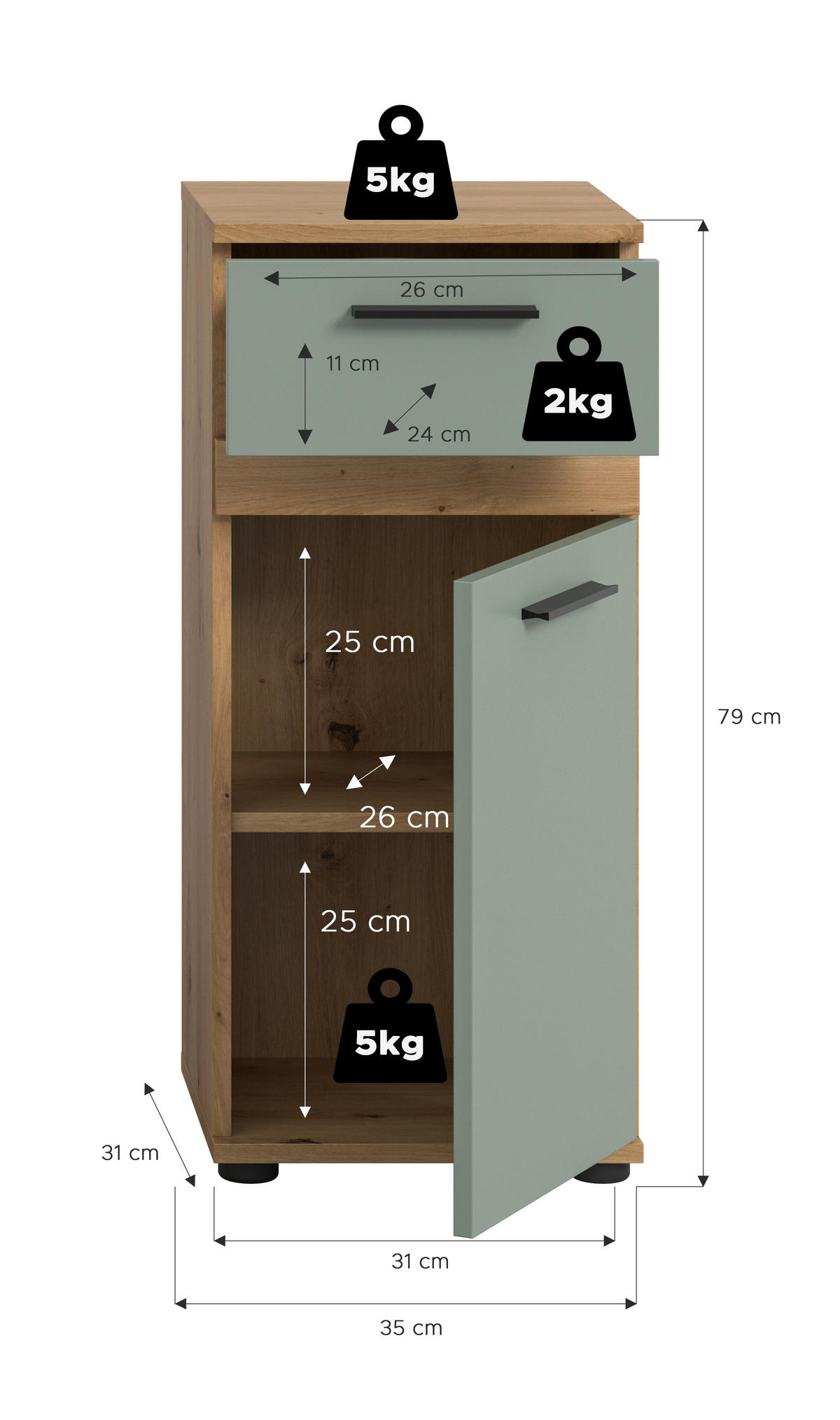 UNTERSCHRANK 35/79/31 cm   - Salbeigrün/Schwarz, Trend, Holzwerkstoff/Kunststoff (35/79/31cm) - MID.YOU