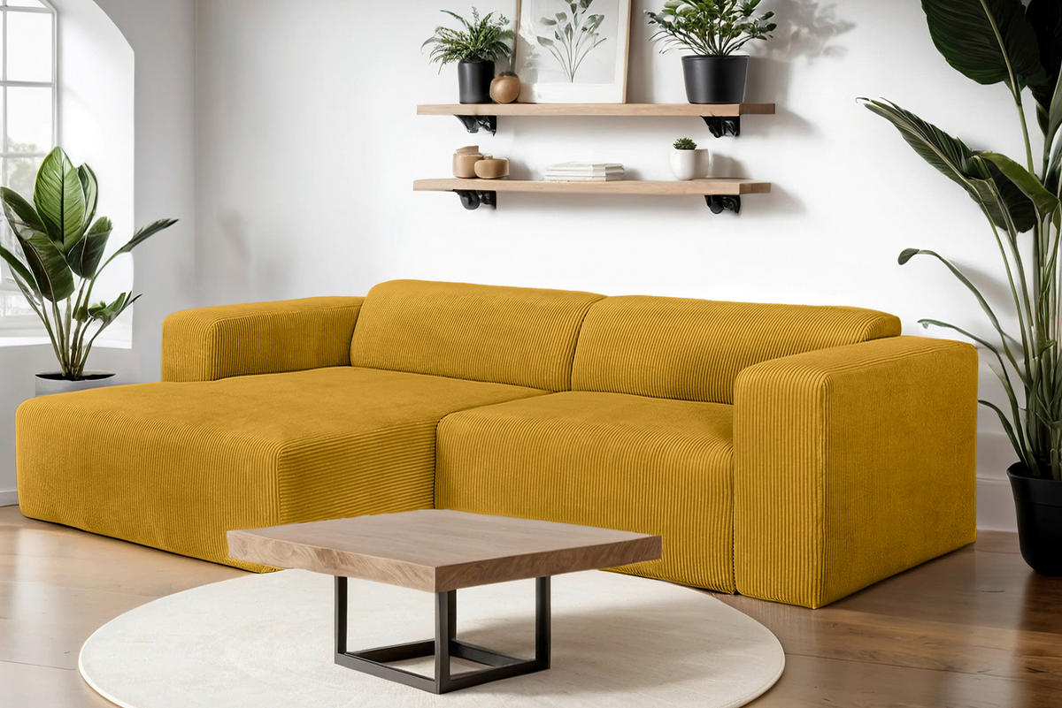 ECKSOFA BASMA Senfgelb Cord  - Senfgelb/Schwarz, Design, Kunststoff/Textil (175/298cm) - P & B