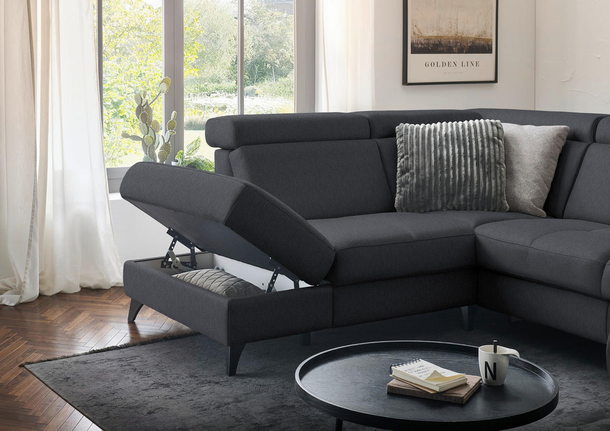 WOHNLANDSCHAFT Flachgewebe Anthrazit  - Anthrazit/Schwarz, Konventionell, Textil/Metall (215/333/174cm) - Beldomo System